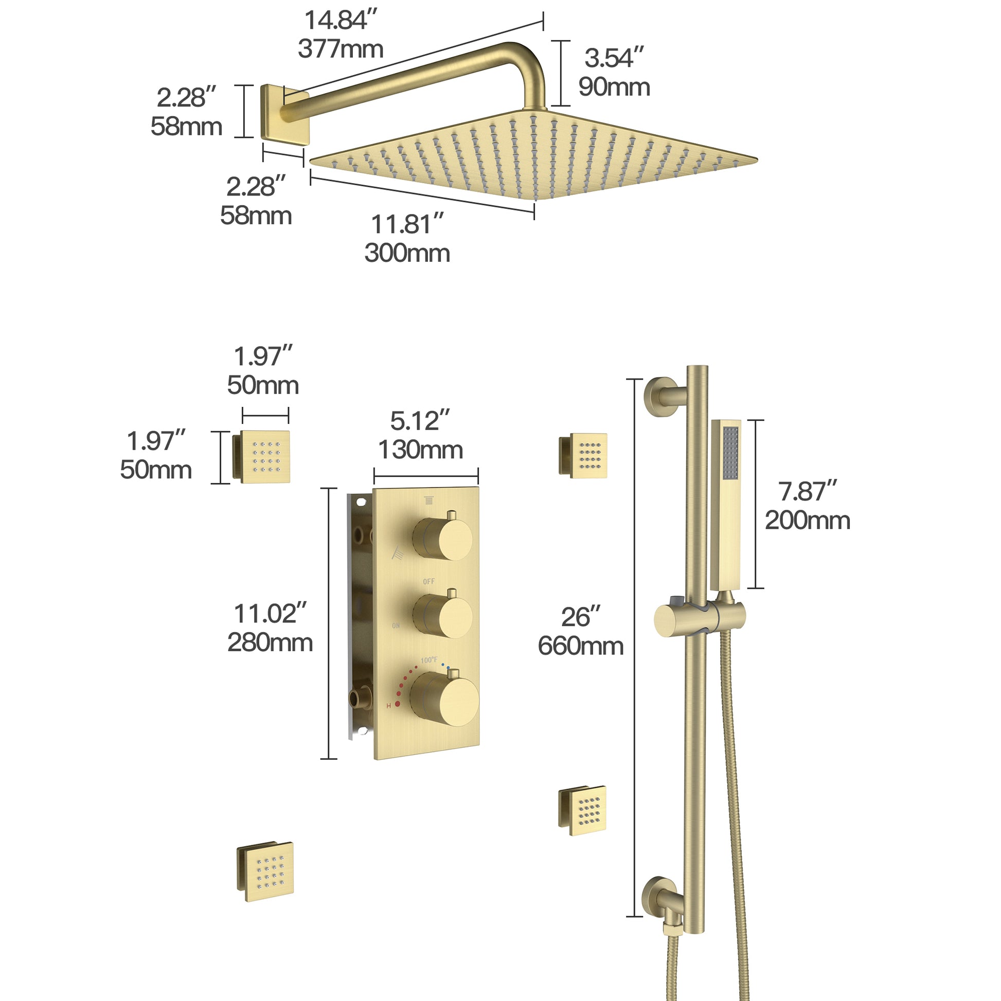 12" 3-Function Thermostatic Rain Shower System with Body Jets & Slide Bar