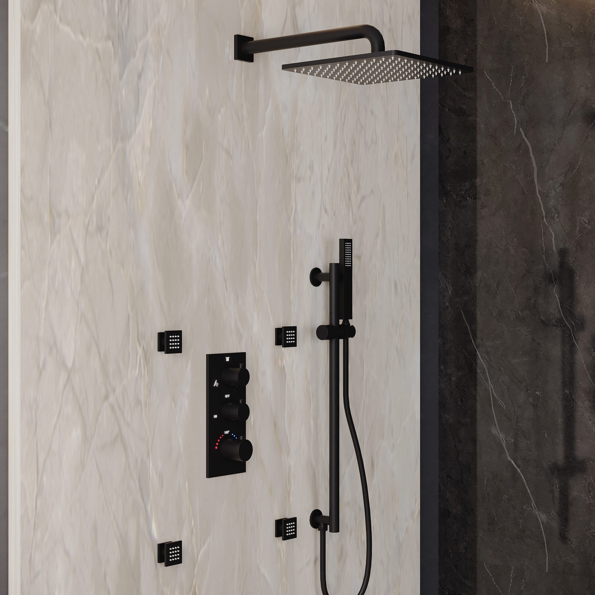 12-inch 3-Function Thermostatic Rain Shower System with Body Jets & Slide Bar