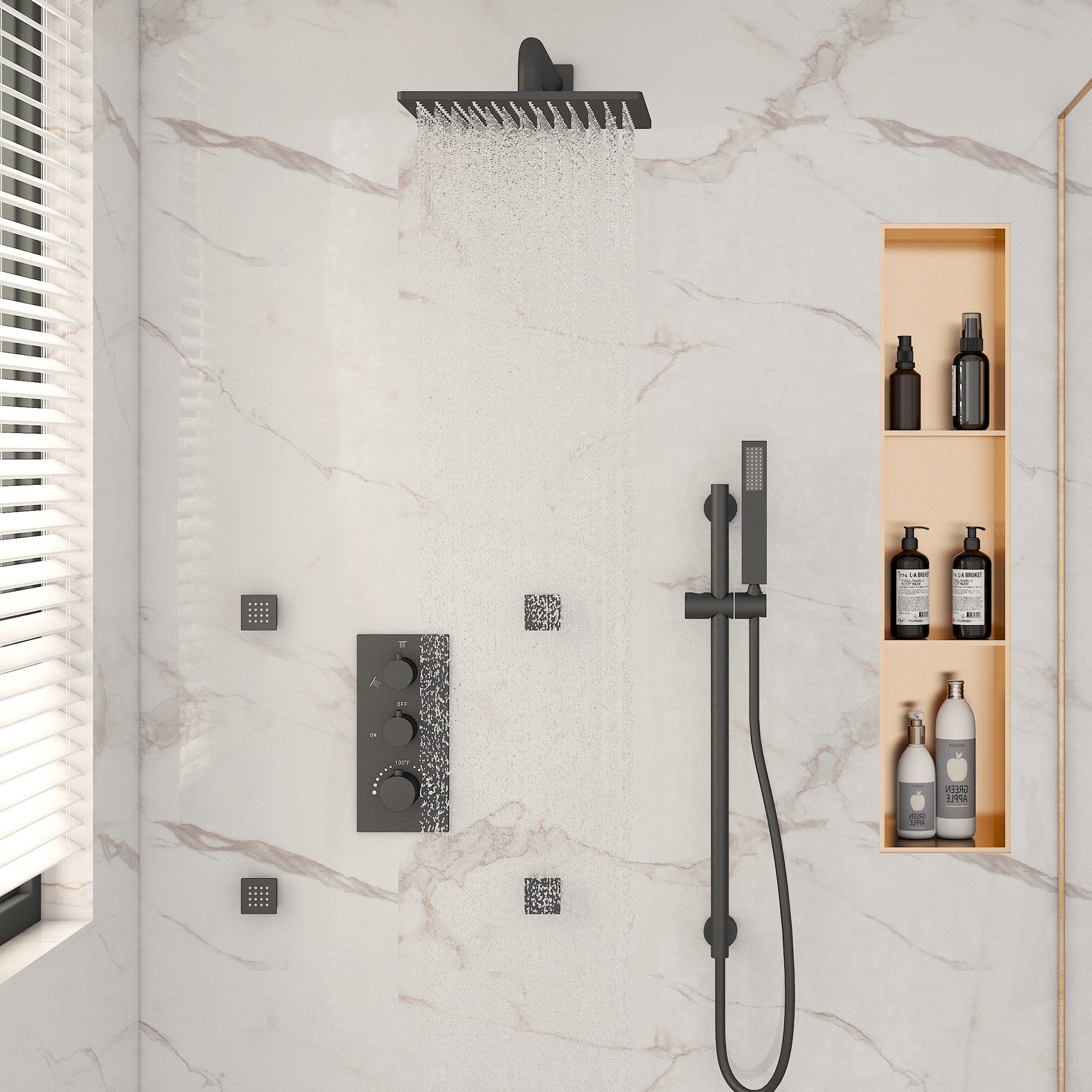 12-inch 3-Function Thermostatic Rain Shower System with Body Jets & Slide Bar