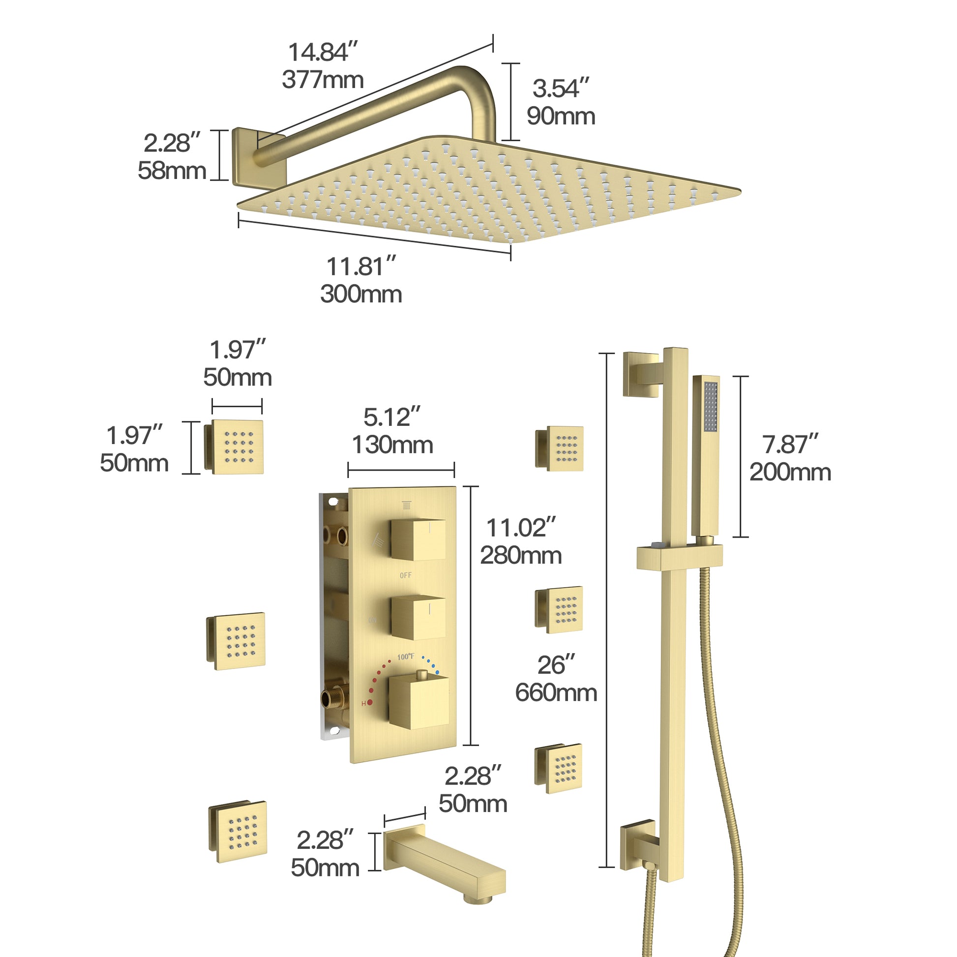 12" 4-Function Body Jet Shower System with Tub Spout & Slide Bar