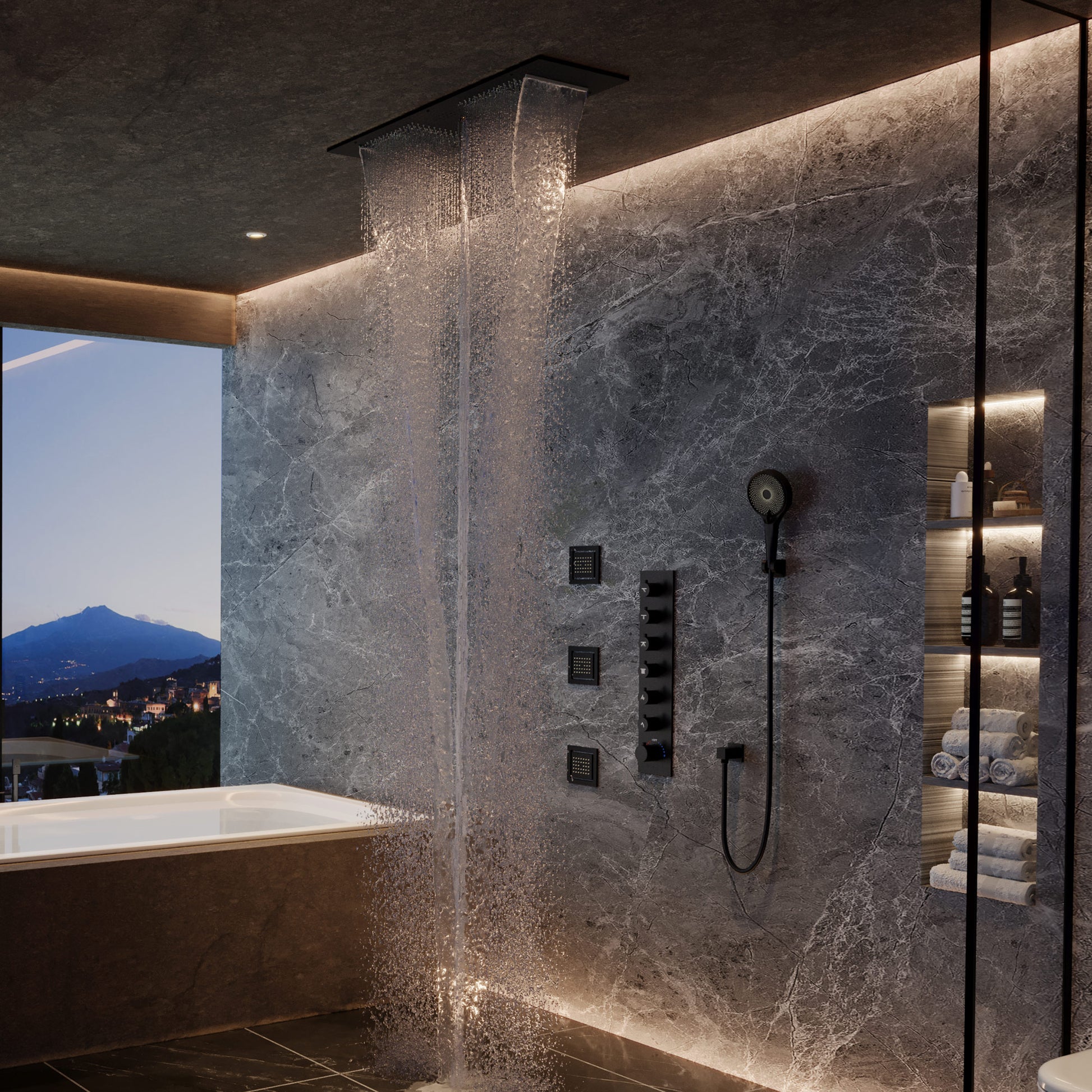 35*12 inch 6-Function Luxury Shower System with Body Jets & Bluetooth