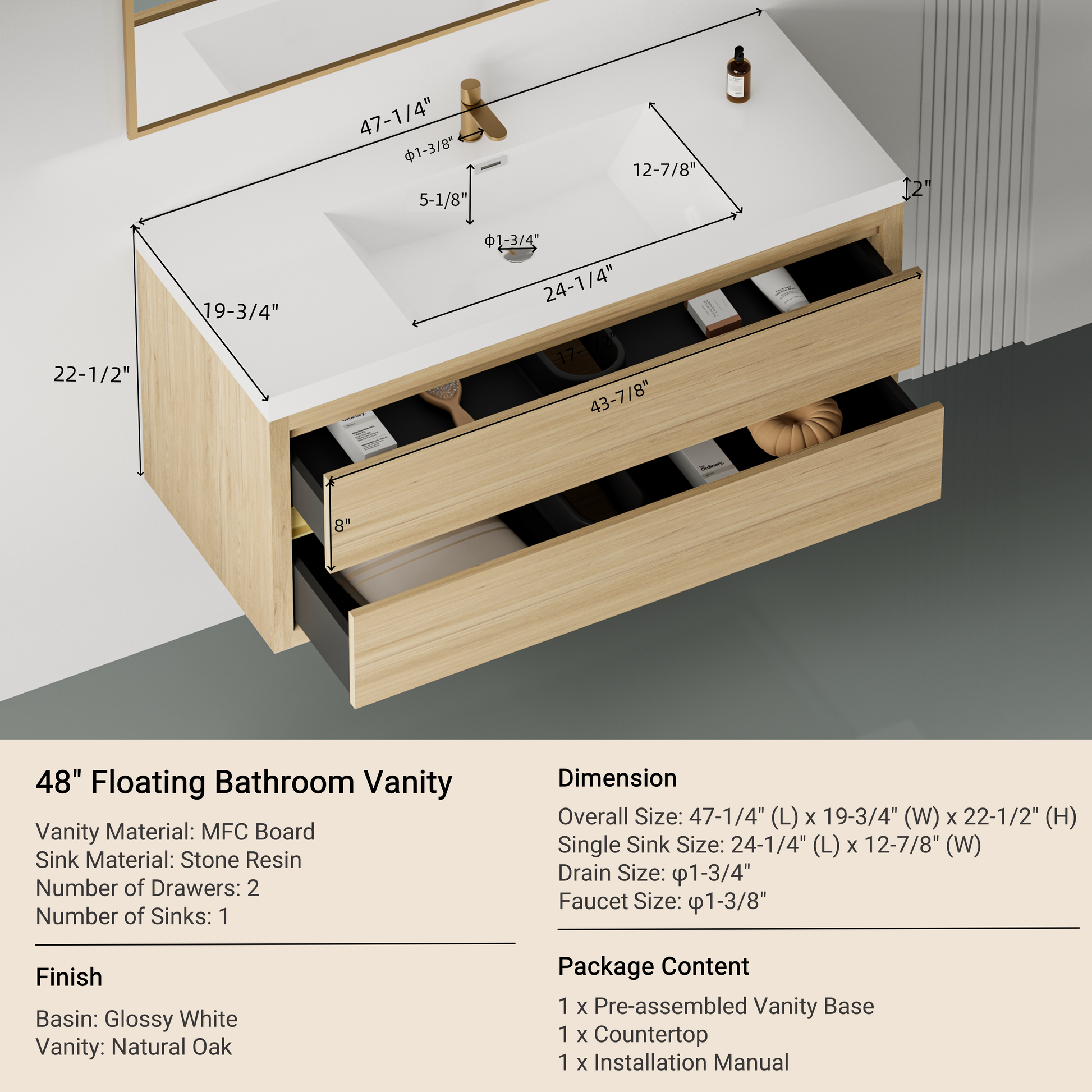48-inch Floating Bathroom Vanity with Sink Wall-Mounted Bathroom Cabinet