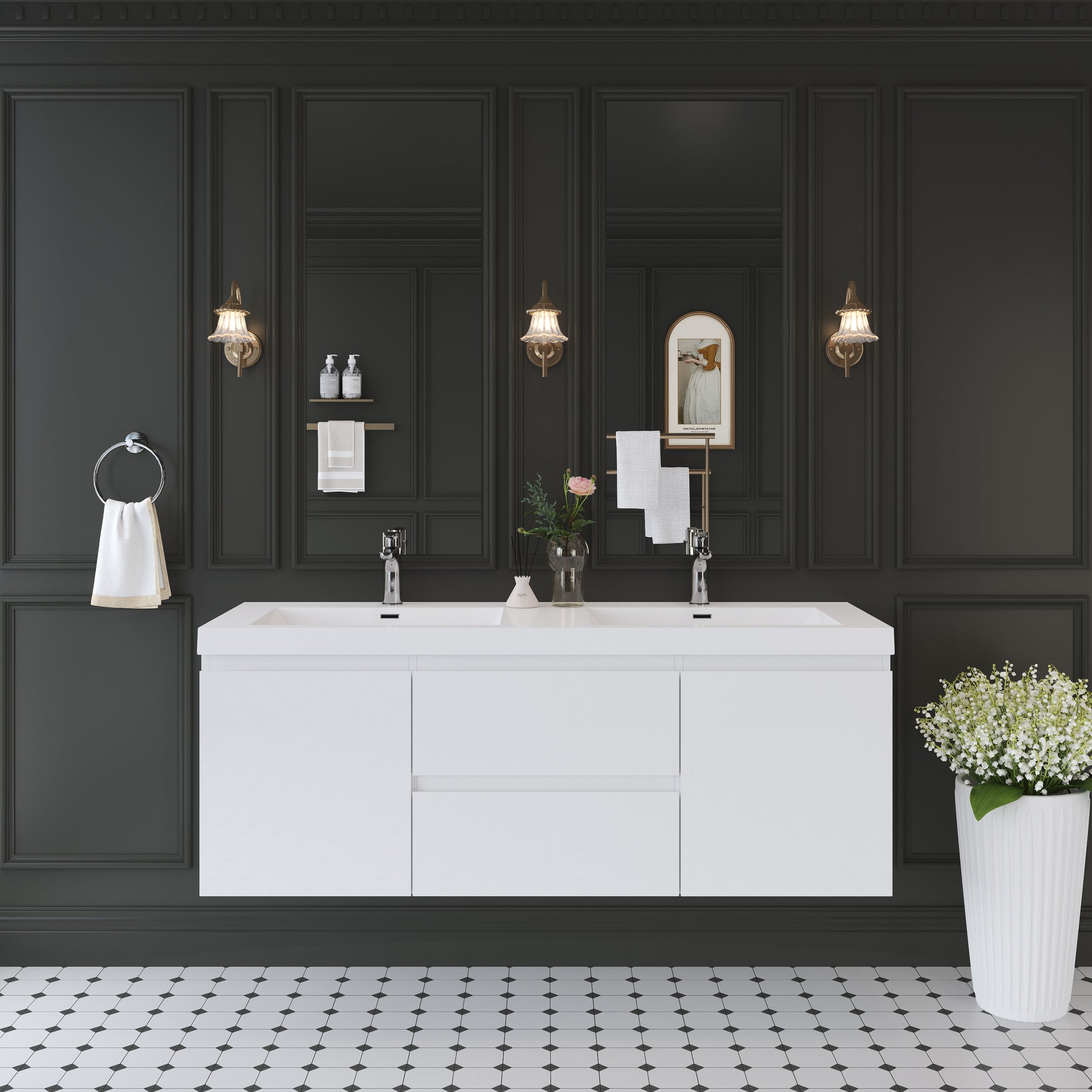 60-inch Wall-Mounted Bathroom Vanity with Resin Sink and Soft-Close Drawers