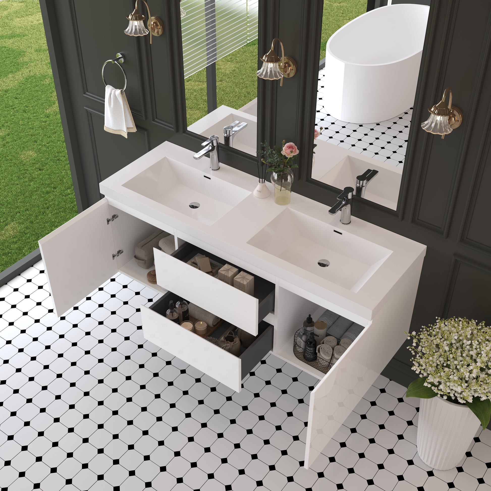 60-inch Wall-Mounted Bathroom Vanity with Resin Sink and Soft-Close Drawers