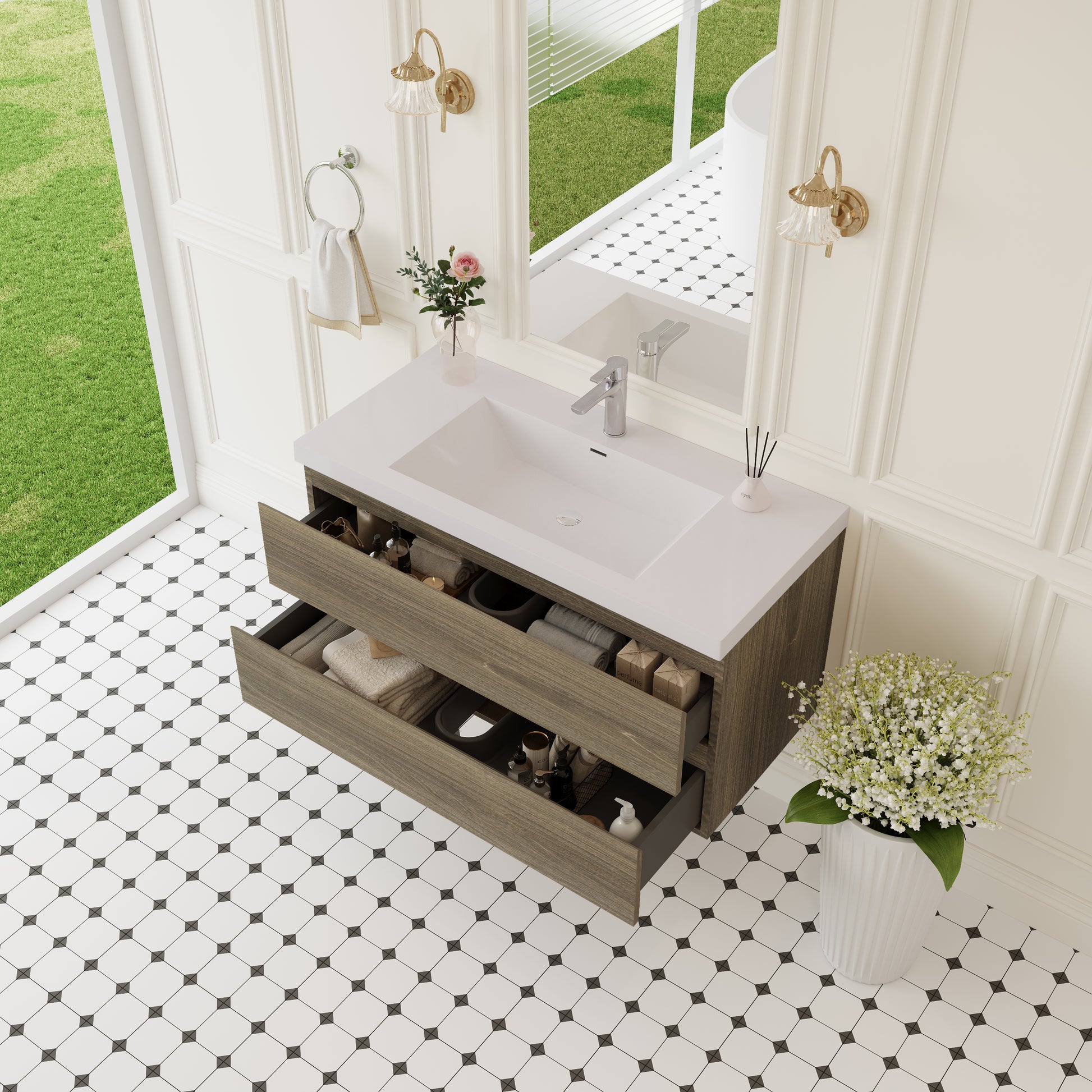 42-inch Wall-Mounted Bathroom Vanity with Sink and Storage Cabinet