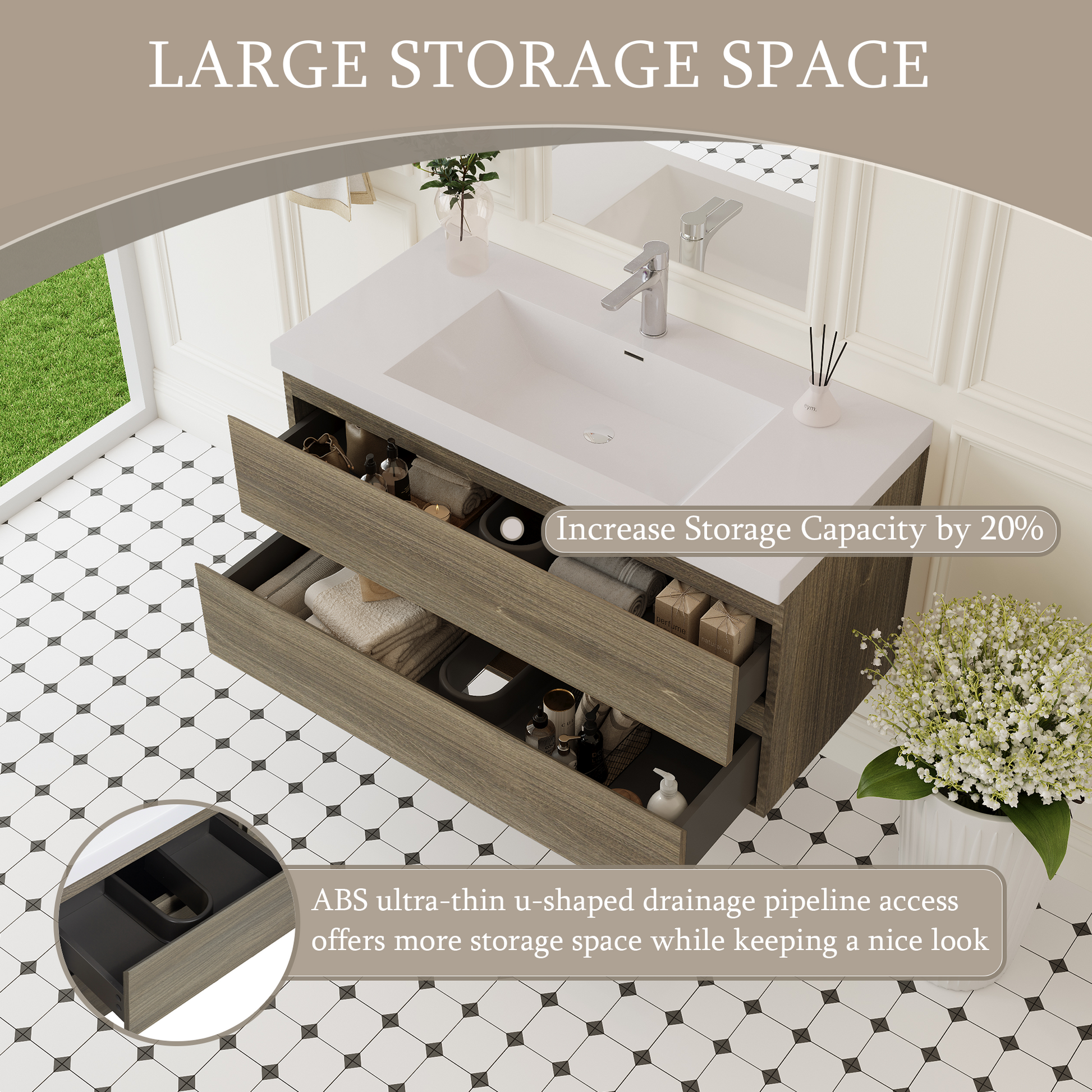 42-inch Wall-Mounted Bathroom Vanity with Sink and Storage Cabinet