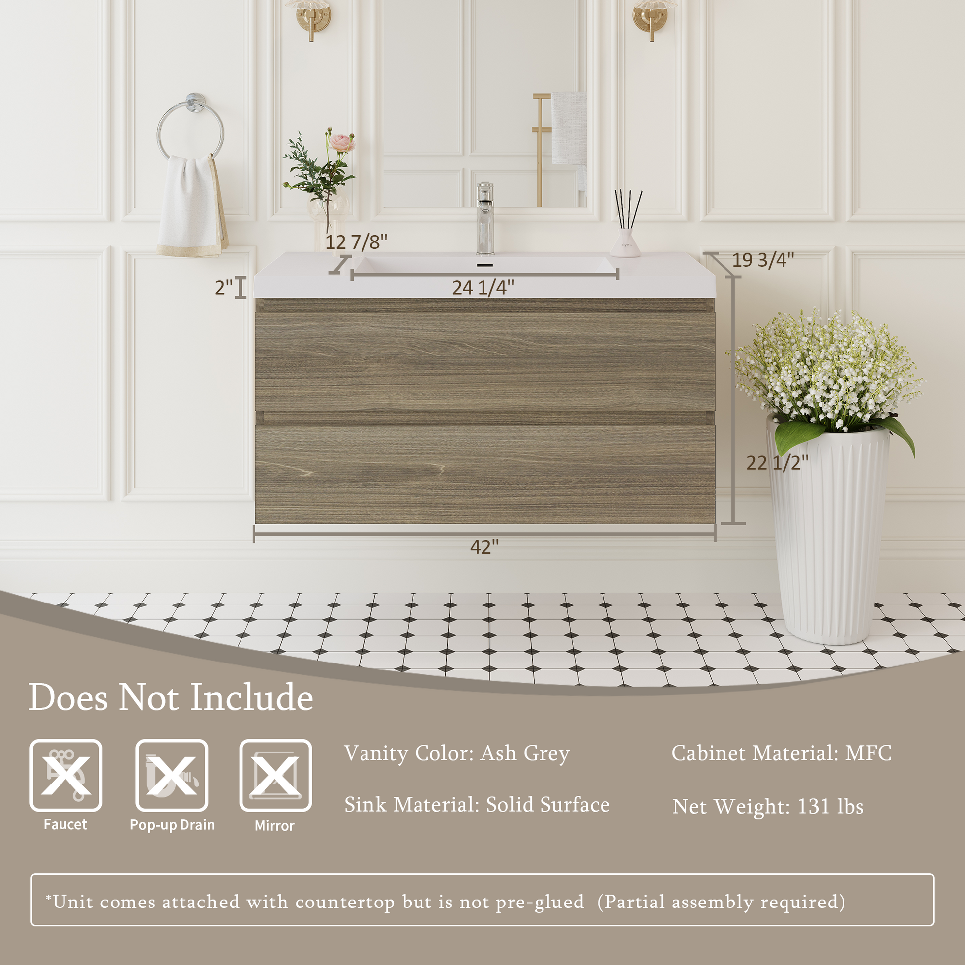 42-inch Wall-Mounted Bathroom Vanity with Sink and Storage Cabinet