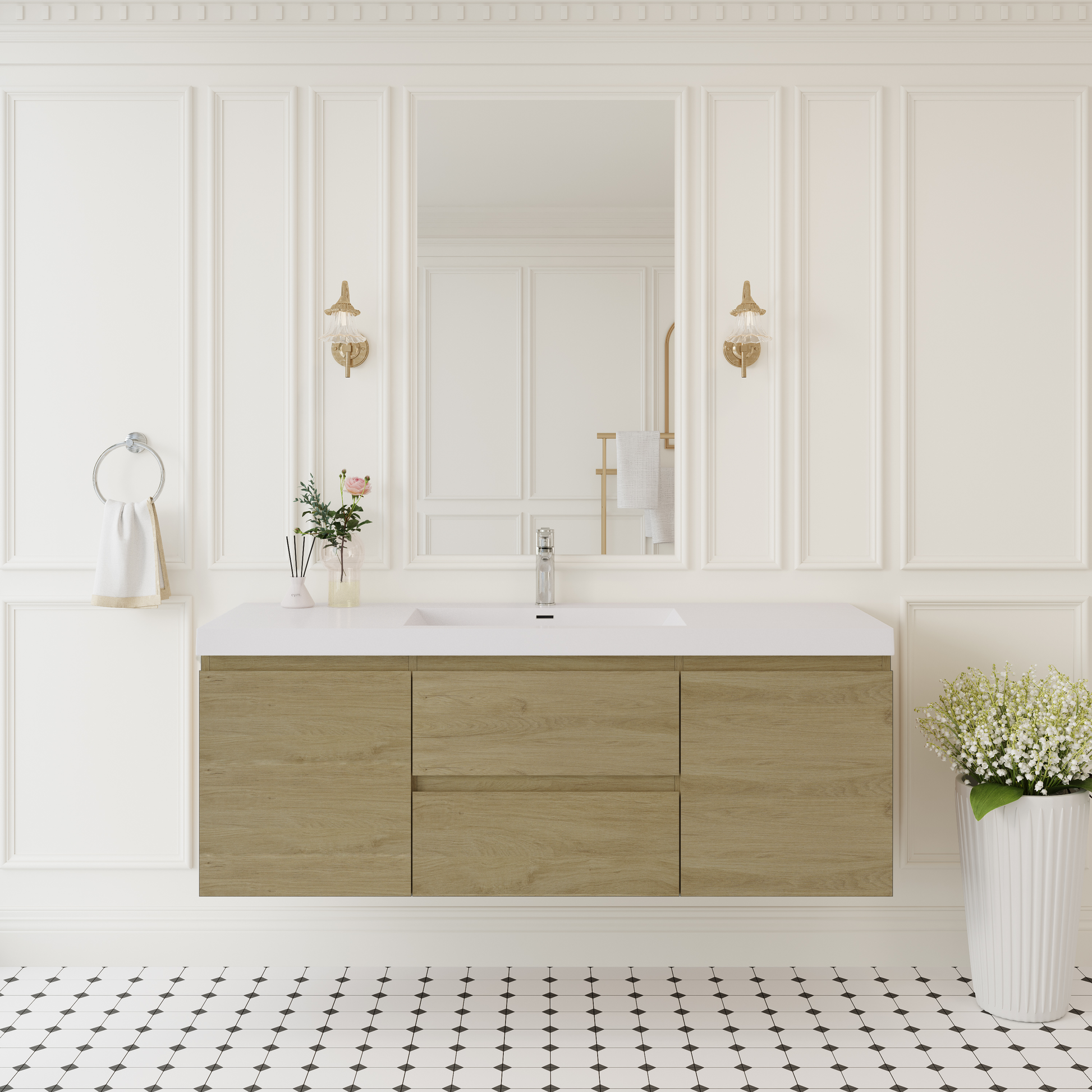 60-inch Wall-Mounted Bathroom Vanity with Resin Sink and Soft-Close Drawers