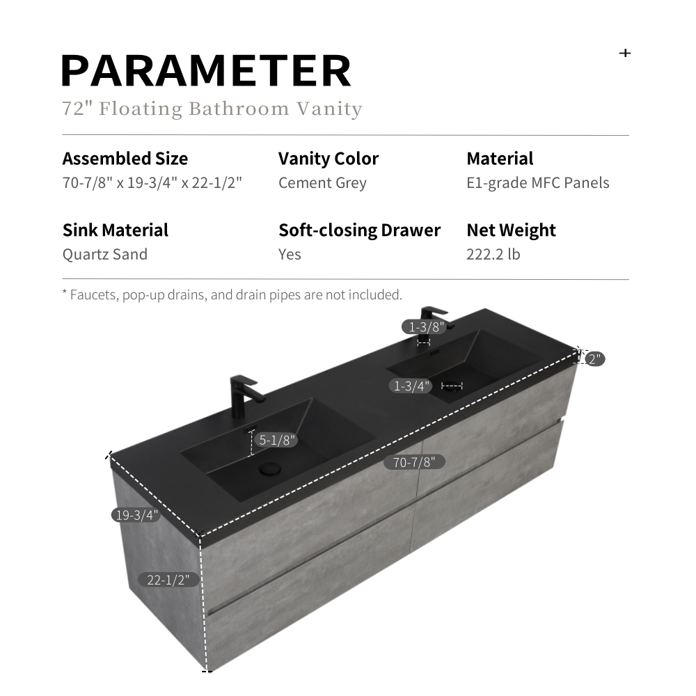 72-inch Wall-Mounted Bathroom Vanity with Double Black Quartz Basins