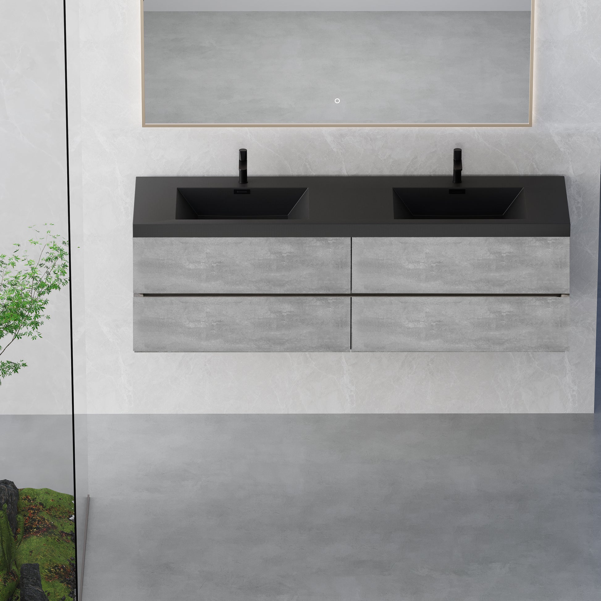 72-inch Wall-Mounted Bathroom Vanity with Double Black Quartz Basins