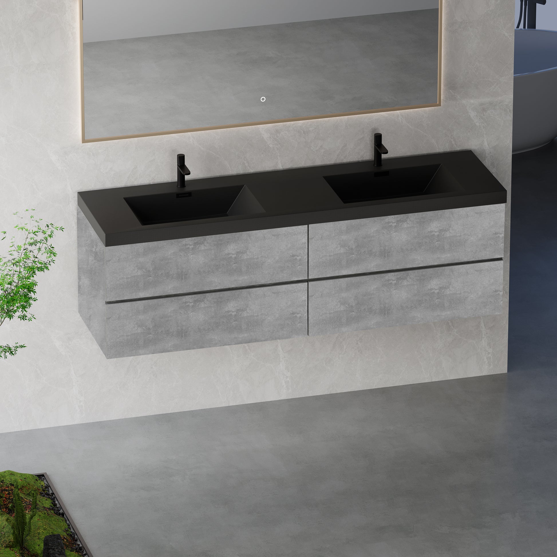 72-inch Wall-Mounted Bathroom Vanity with Double Black Quartz Basins
