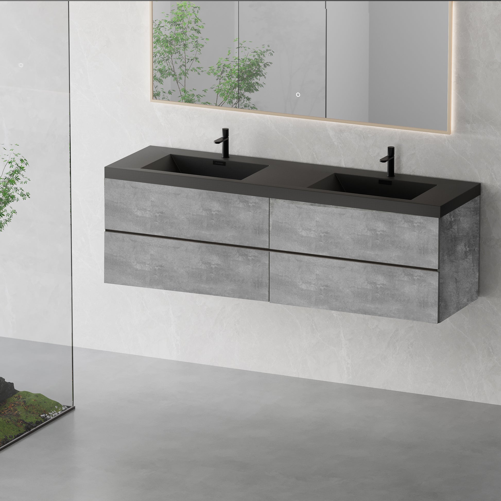 72-inch Wall-Mounted Bathroom Vanity with Double Black Quartz Basins