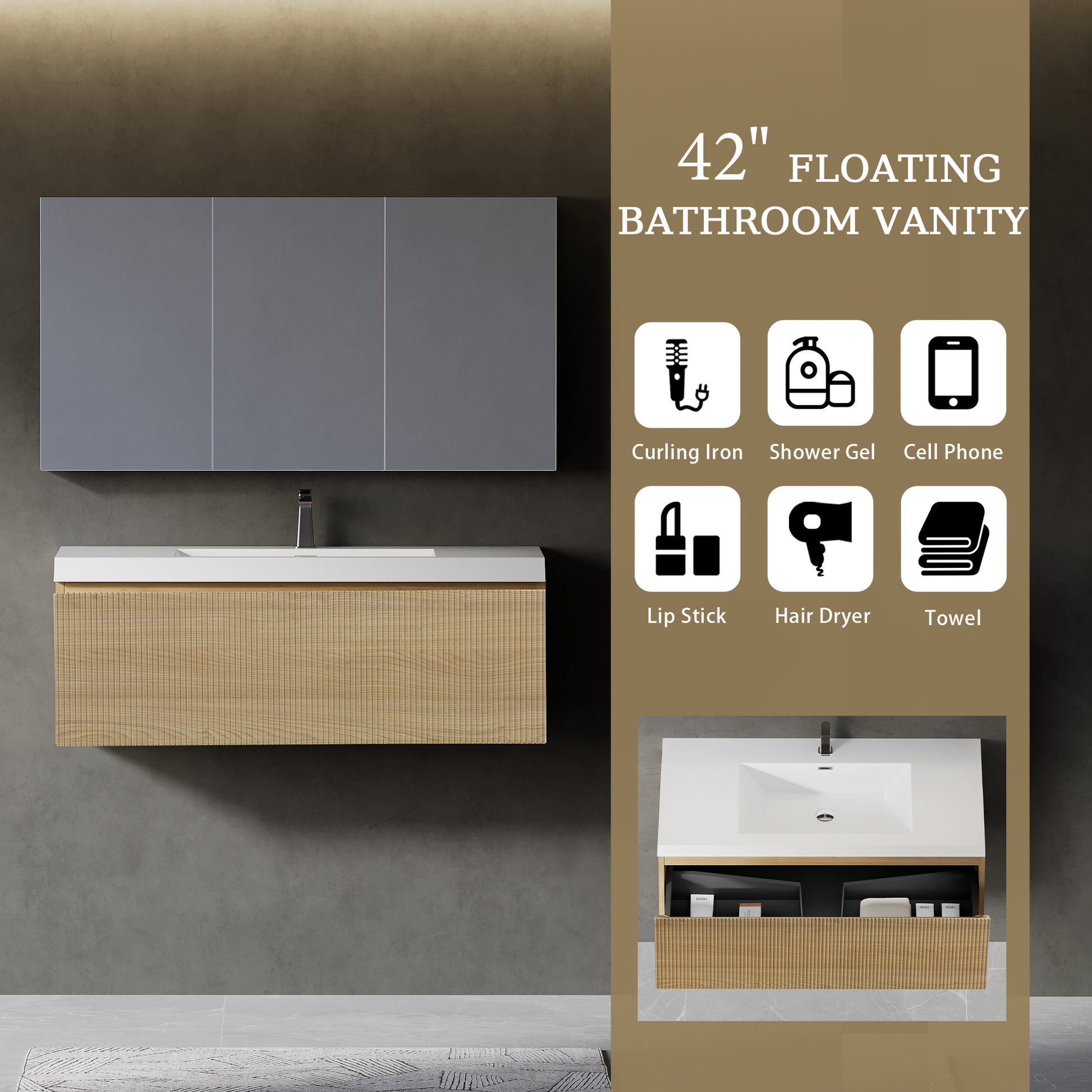 42-inch Wall-Mounted Bathroom Vanity with Wave Texture and Single Sink