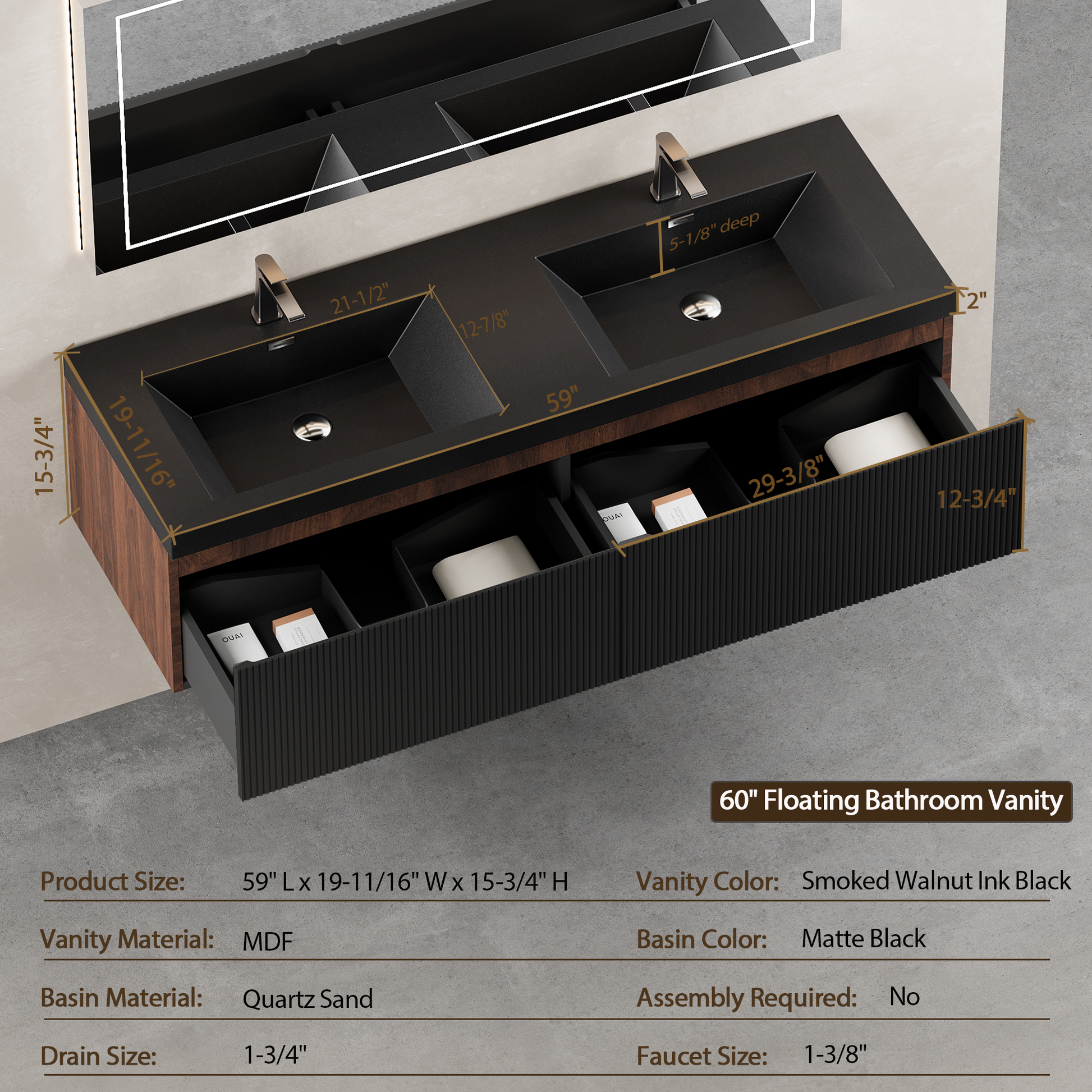 60-inch Wall-Mounted Bathroom Vanity with Dual Quartz Basins