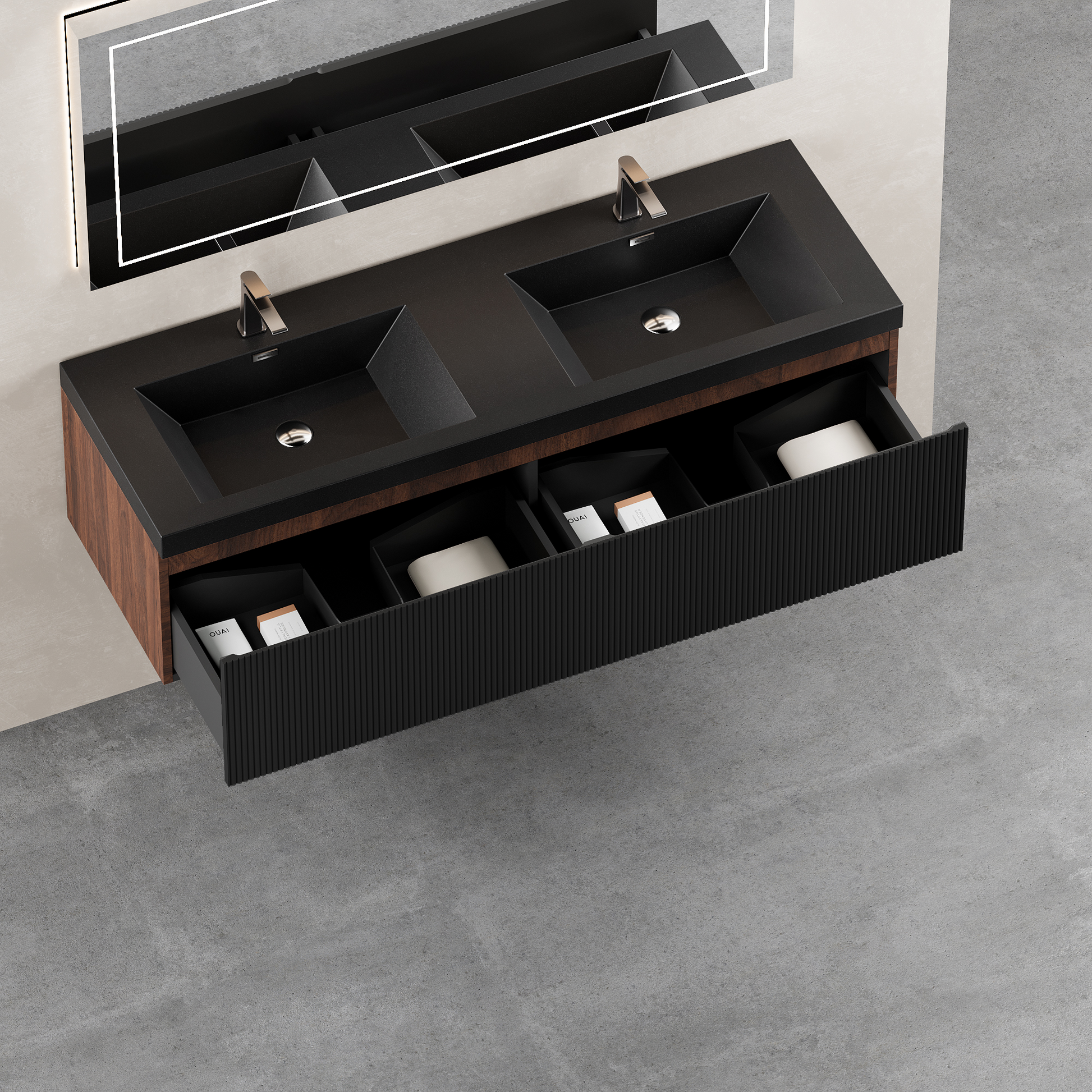 60-inch Wall-Mounted Bathroom Vanity with Dual Quartz Basins