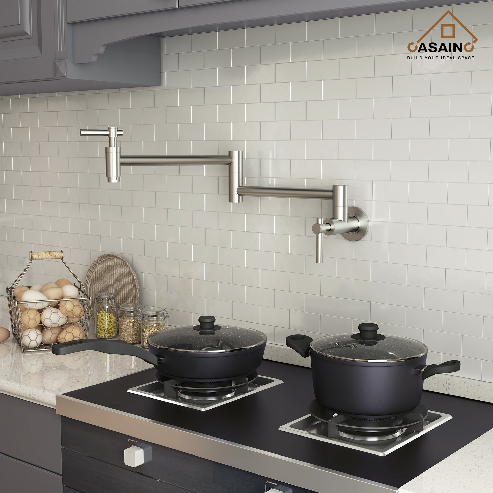 Stainless Steel Folding 2-Handle Switch Head Wall Mounted Pot Filler Kitchen Faucet