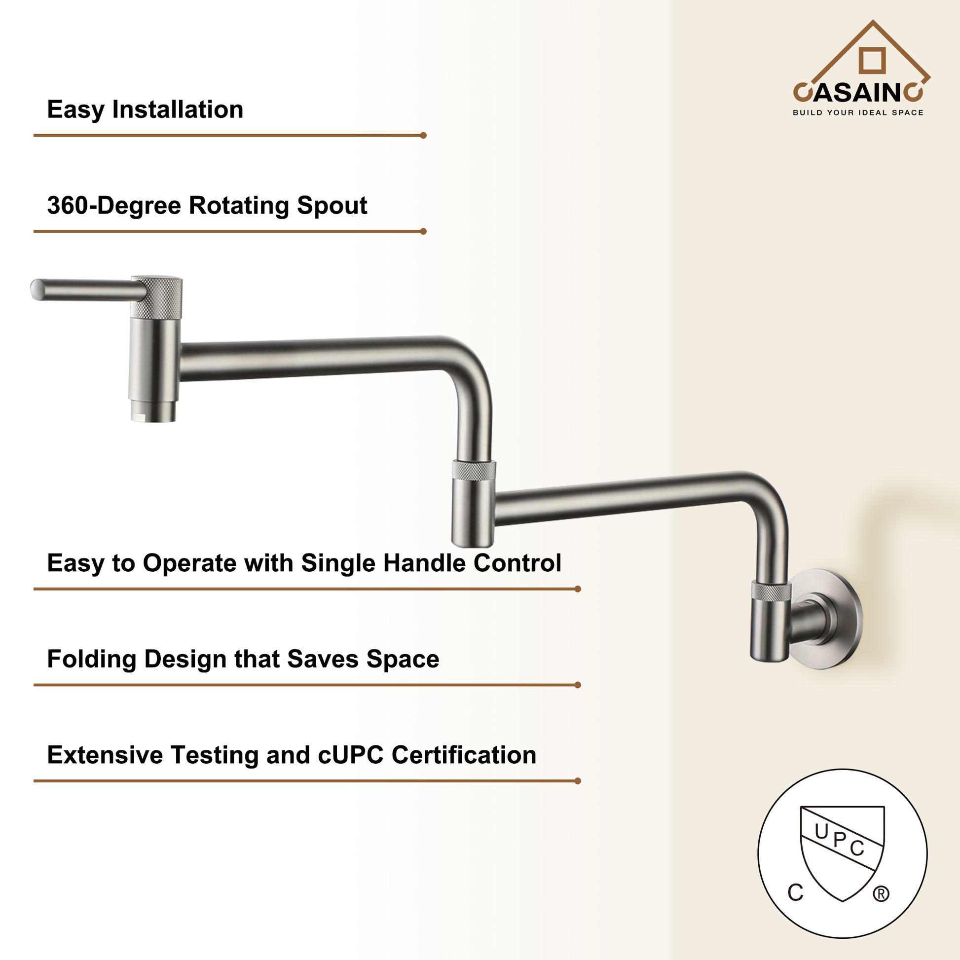 Wall-Mount Pot Filler Kitchen Faucet with Adjustable Folding Arm