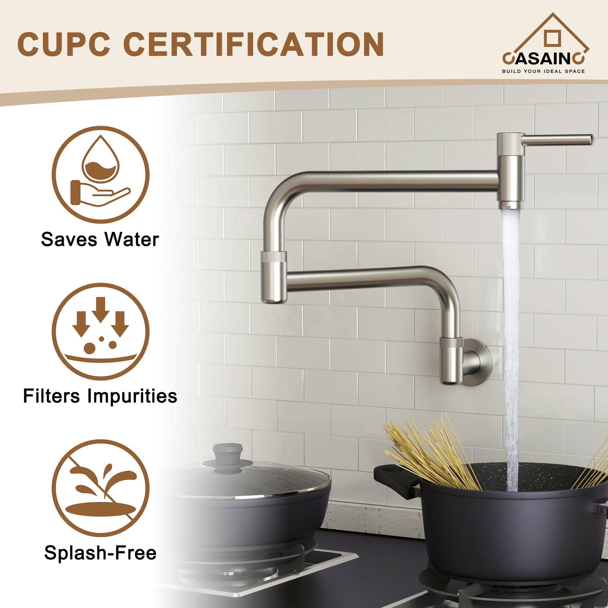 Wall-Mount Pot Filler Kitchen Faucet with Adjustable Folding Arm