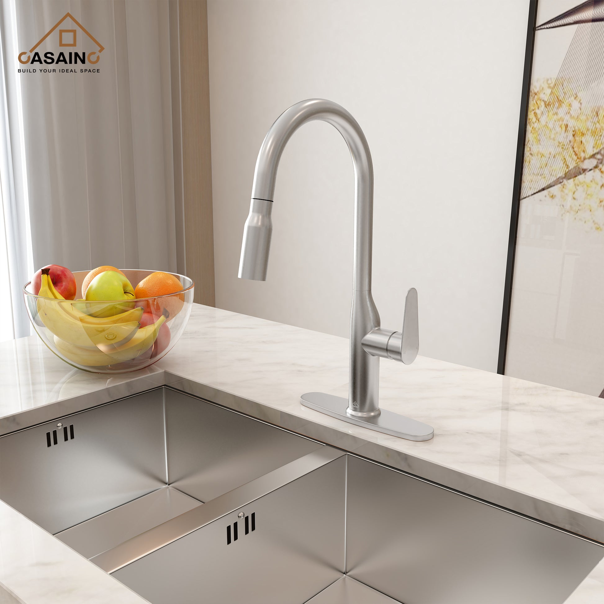 Single-Handle Pull-Out Sprayer Kitchen Faucet Deckplate Included in Brushed Nickel/Matte Black/Matte White/Brushed Gold