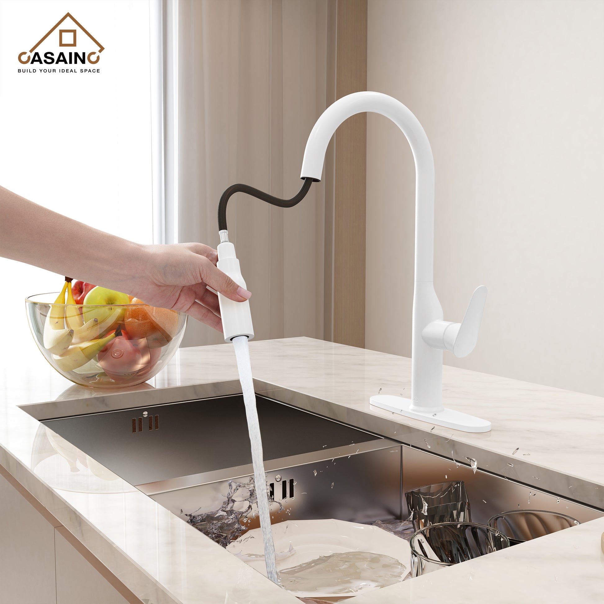 Single-Handle Pull-Out Sprayer Kitchen Faucet Deckplate Included in Brushed Nickel/Matte Black/Matte White/Brushed Gold