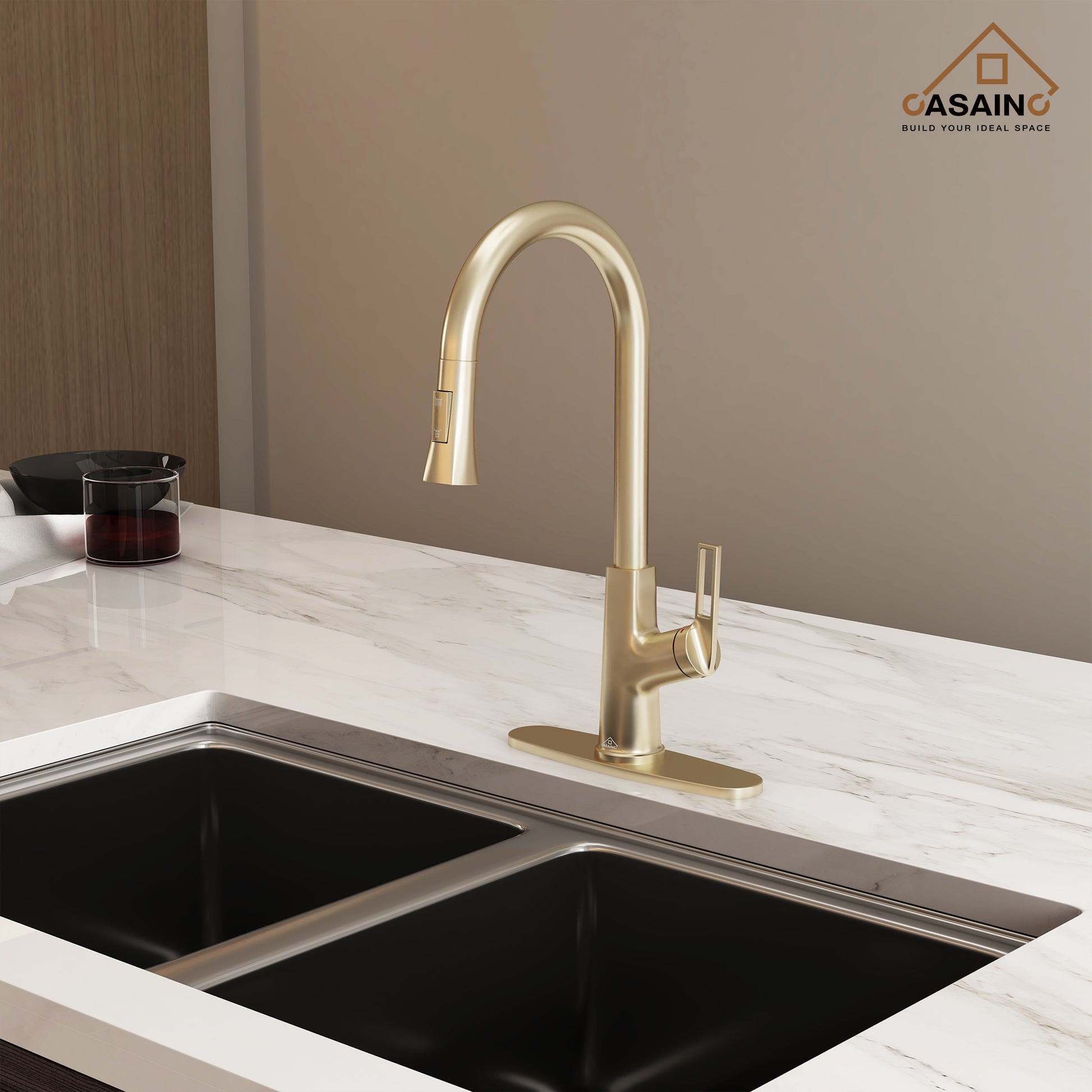 Single-Handle Pull-Out Sprayer Kitchen Faucet Deckplate Included in Brushed Nickel/Matte Black/Matte White/Brushed Gold