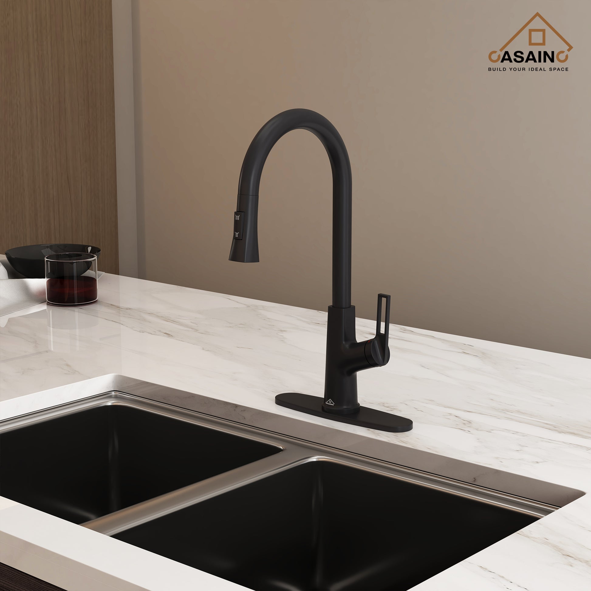 Single-Handle Pull-Out Sprayer Kitchen Faucet Deckplate Included in Brushed Nickel/Matte Black/Matte White/Brushed Gold