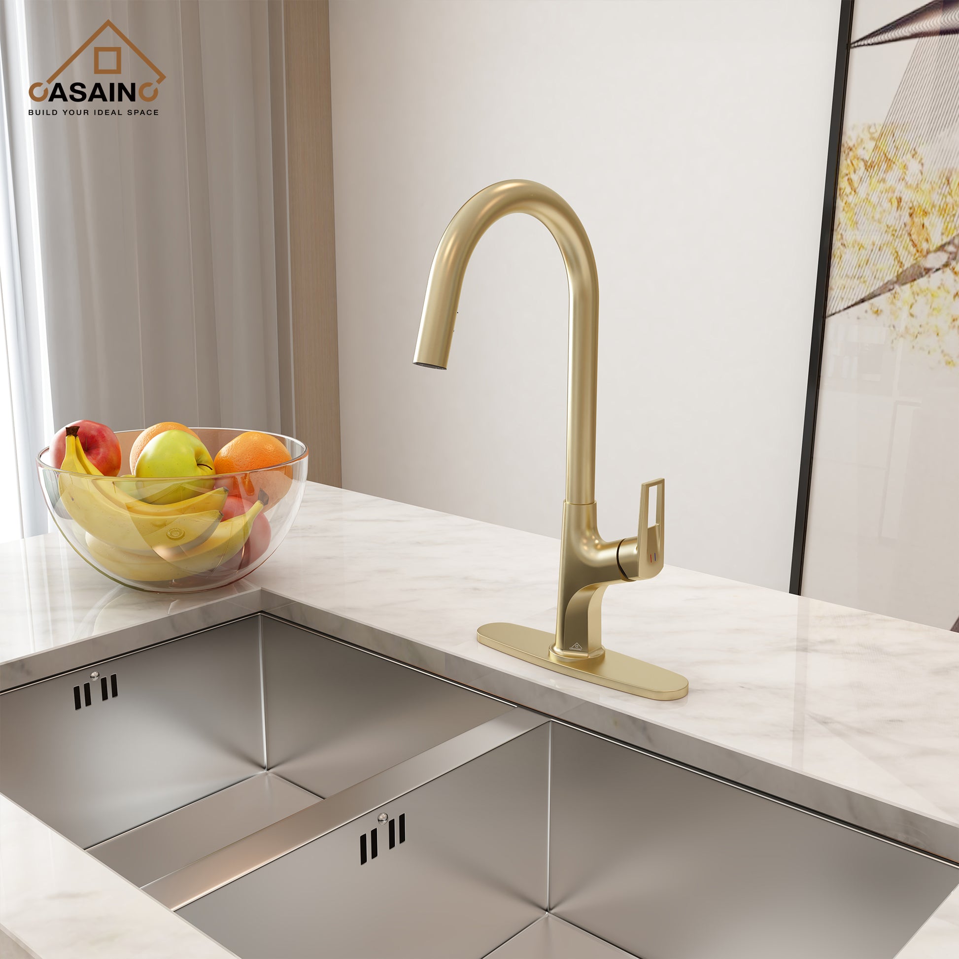 Single-Handle Kitchen Faucet with Pull-Out Sprayer in Matte Black Brushed Nickel Brushed Gold