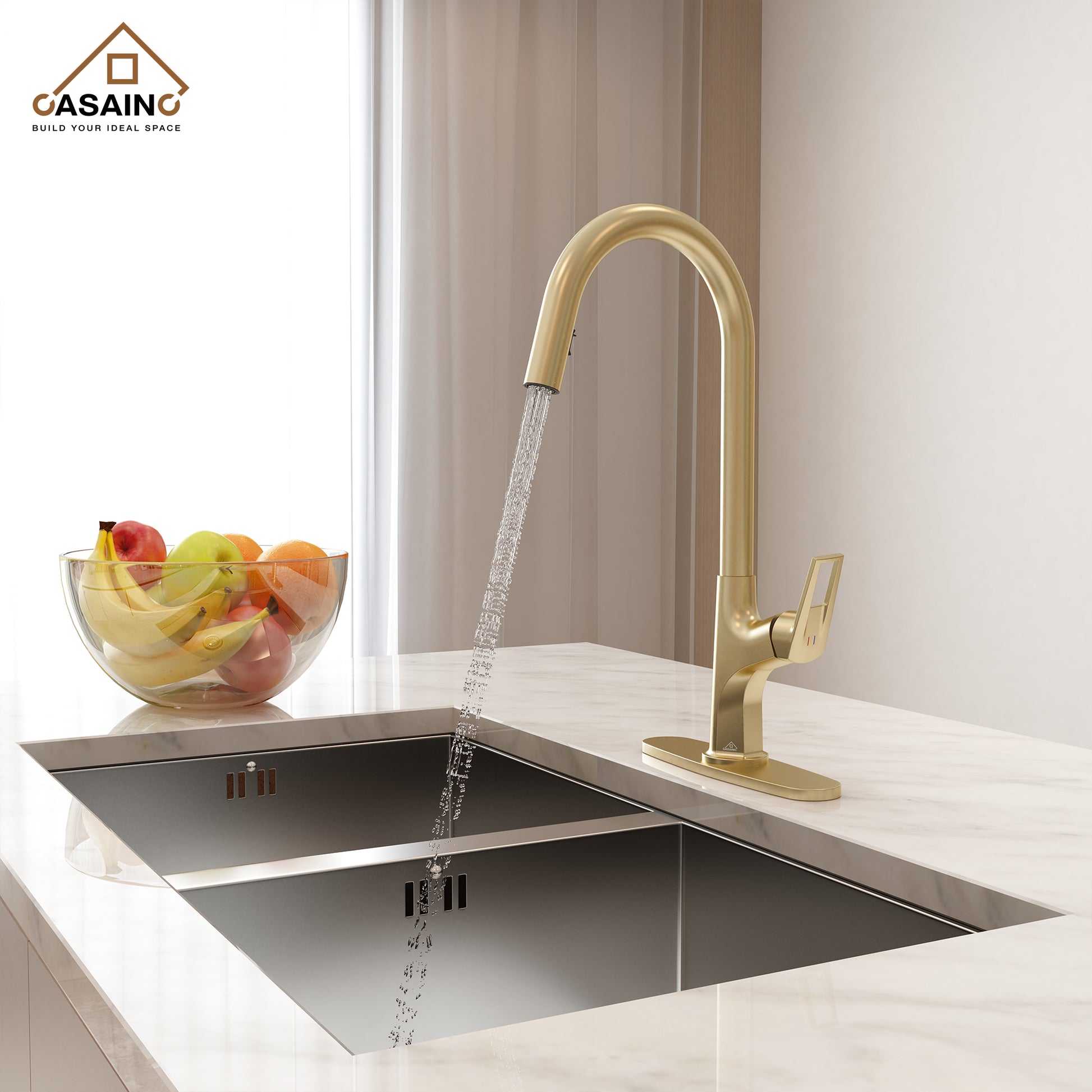 Single-Handle Kitchen Faucet with Pull-Out Sprayer in Matte Black Brushed Nickel Brushed Gold