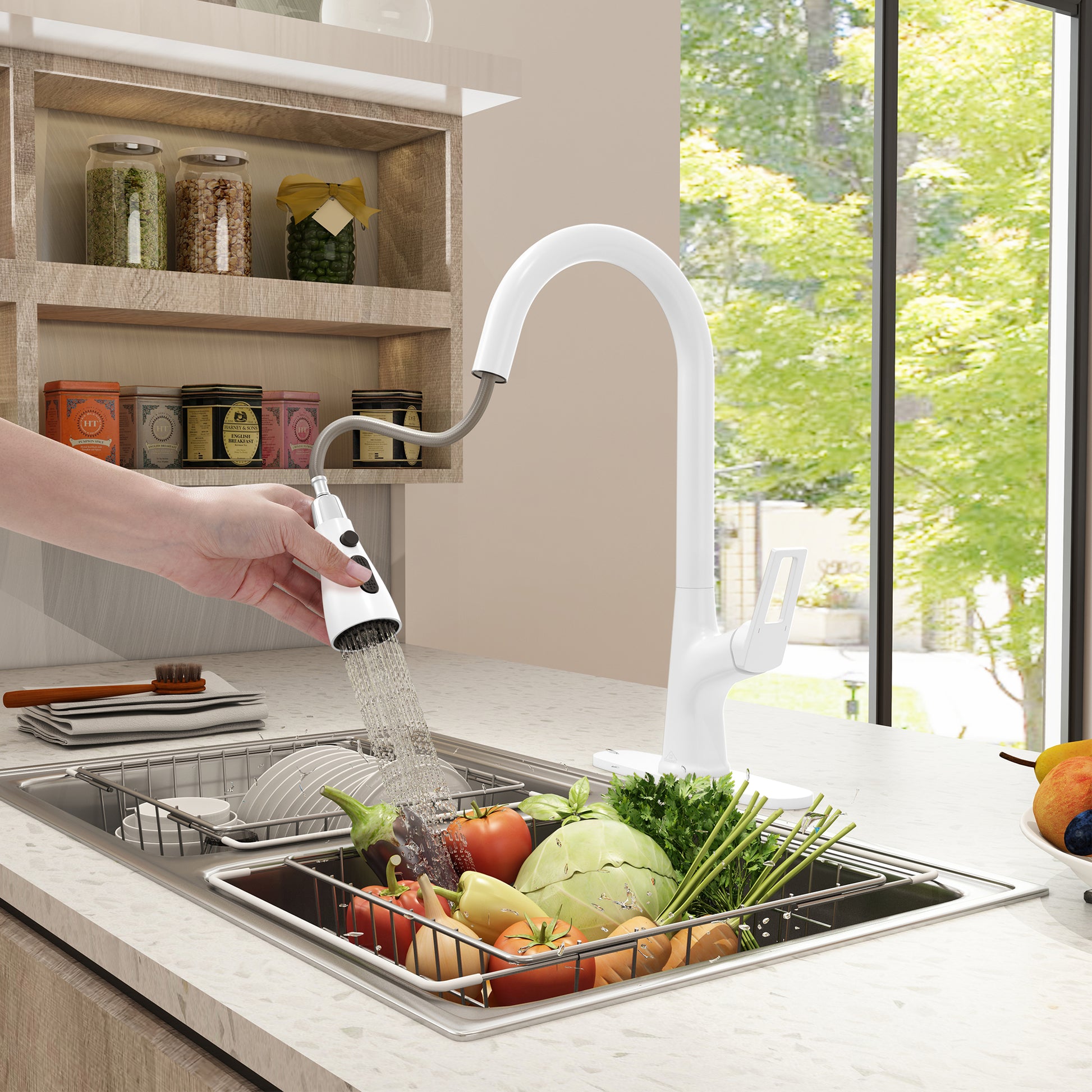 CASAINC Single-Handle Pull-Out Kitchen Faucet in Brushed Nickel/Matte Black/Matte White/Brushed Gold