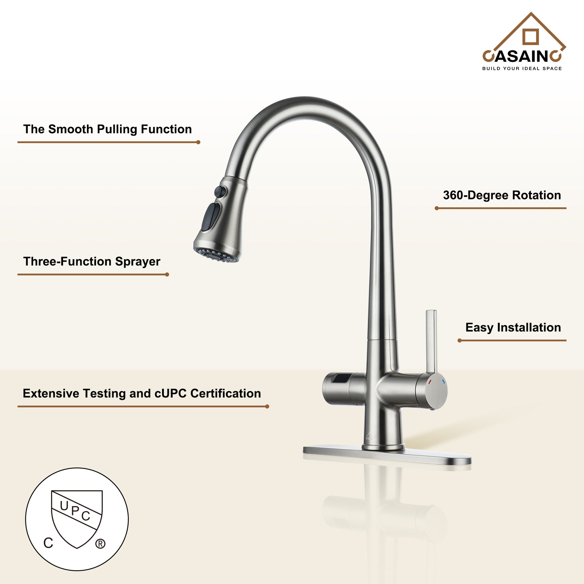 CASAINC Single-Handle Pull-Out Sprayer Kitchen Faucet with Digital Display