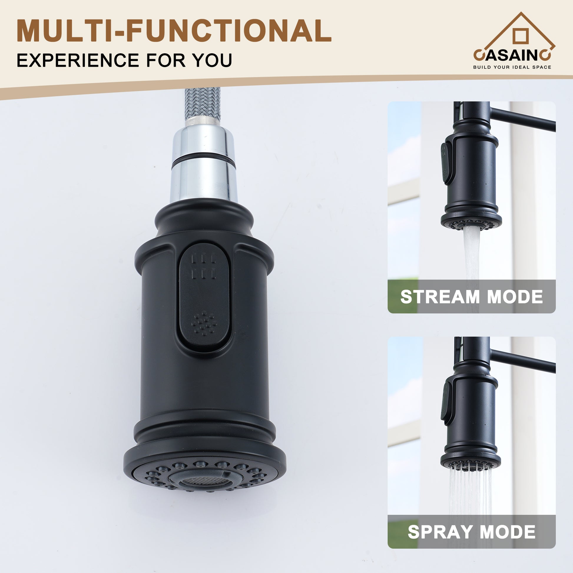 CASAINC CASAINC Single-Handle Spring Pull-Out Kitchen Faucet in Brushed Nickel/Matte Black/Matte White/Brushed Gold