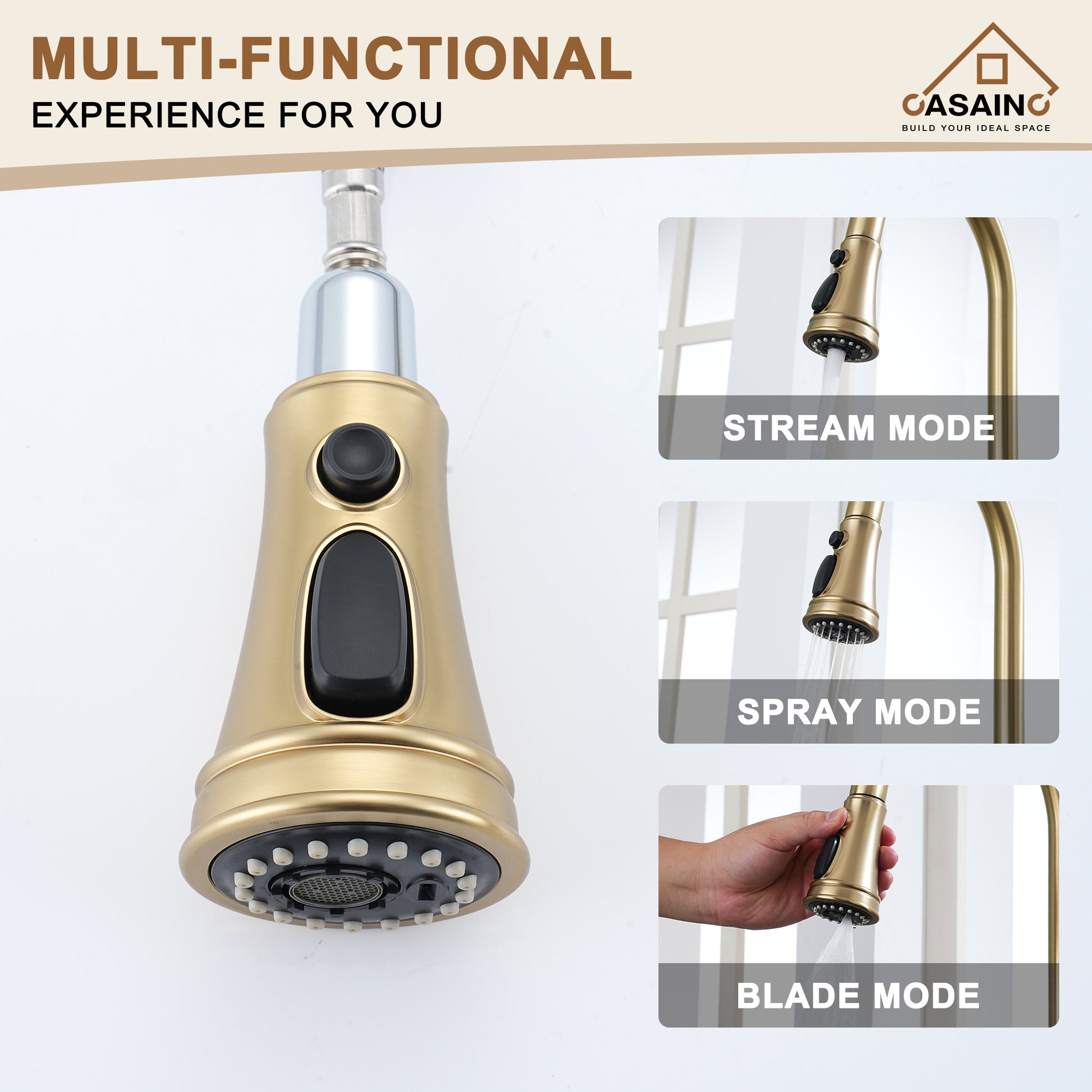 CASAINC Single-Handle Kitchen Faucet with Pull-Out Sprayer in Brushed Nickel/Matte Black/Matte White/Brushed Gold