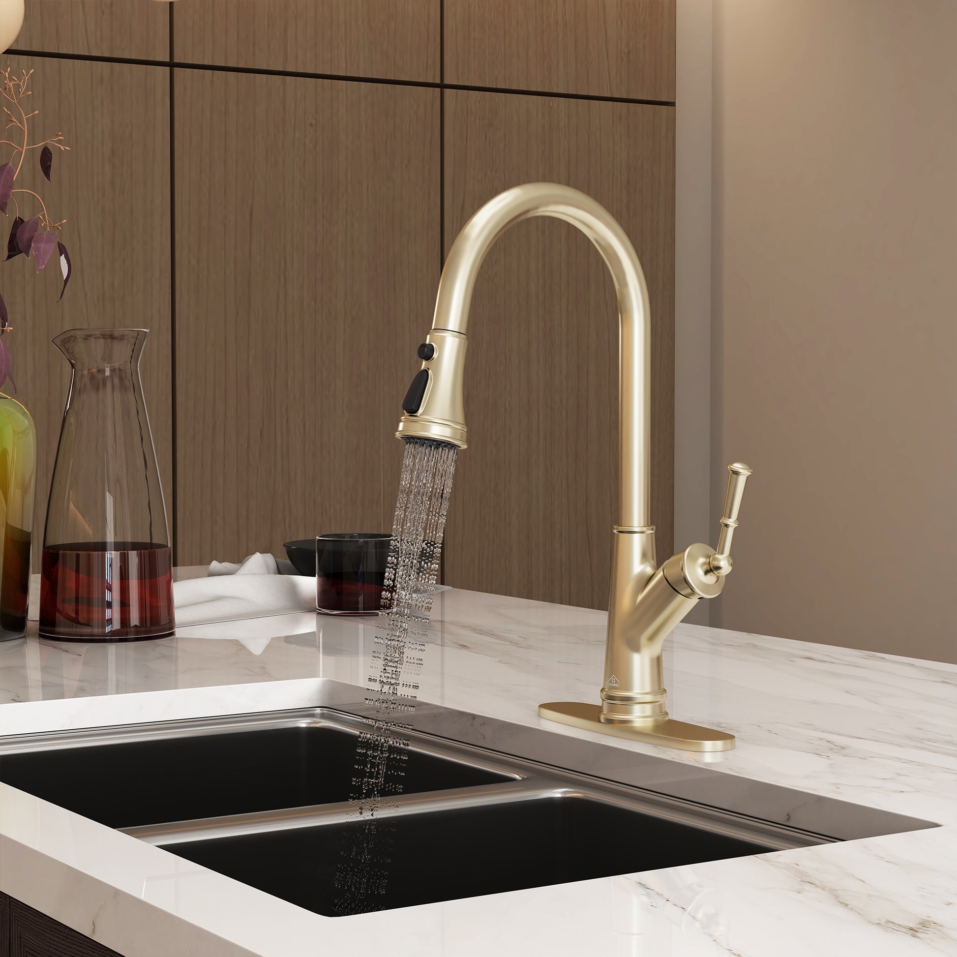 CASAINC Single-Handle Kitchen Faucet with Pull-Out Sprayer in Brushed Nickel/Matte Black/Matte White/Brushed Gold