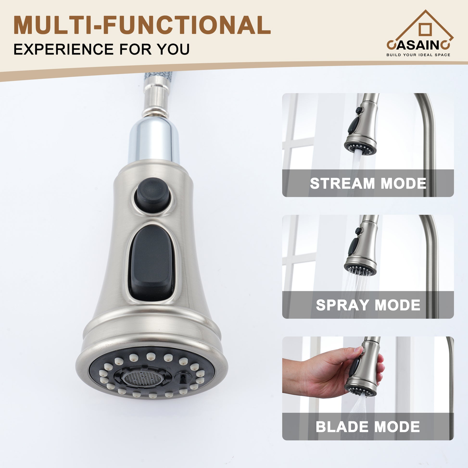 CASAINC Single-Handle Kitchen Faucet with Pull-Out Sprayer in Brushed Nickel/Matte Black/Matte White/Brushed Gold