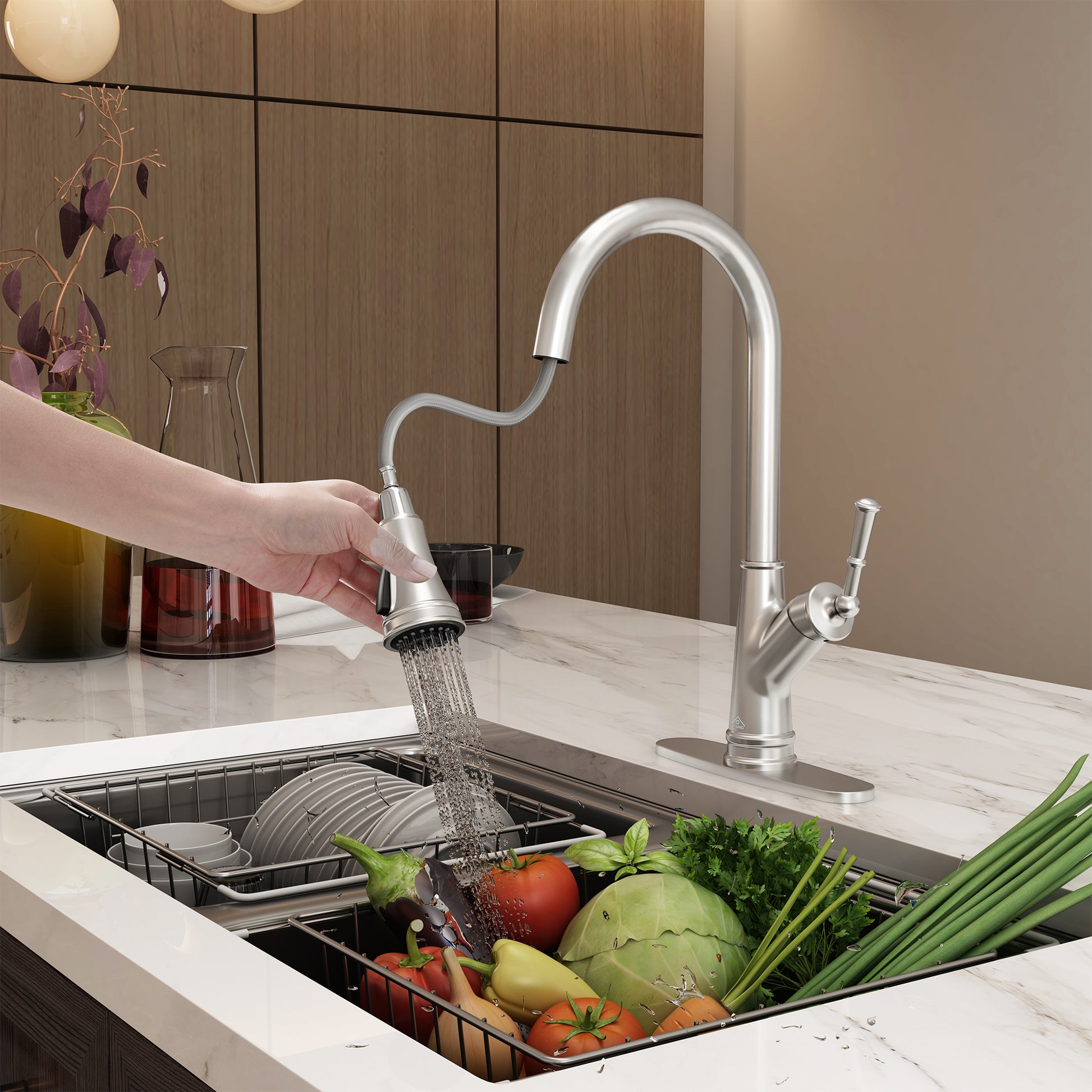 CASAINC Single-Handle Kitchen Faucet with Pull-Out Sprayer in Brushed Nickel/Matte Black/Matte White/Brushed Gold
