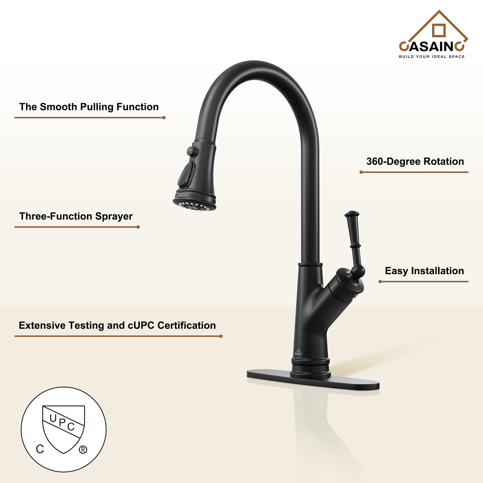 CASAINC Single-Handle Kitchen Faucet with Pull-Out Sprayer in Brushed Nickel/Matte Black/Matte White/Brushed Gold