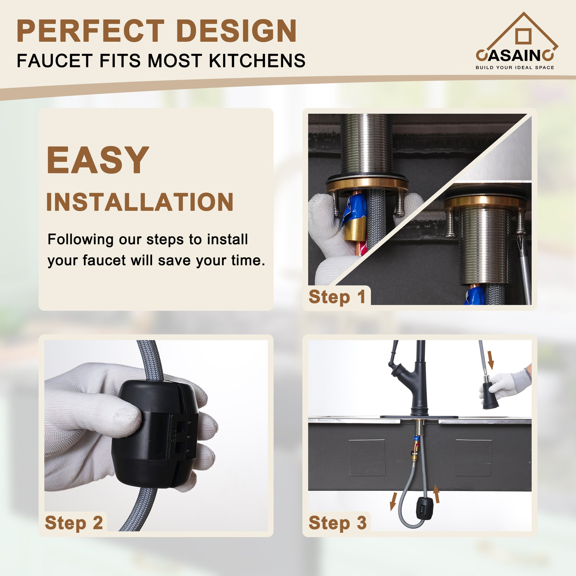 CASAINC Single-Handle Kitchen Faucet with Pull-Out Sprayer in Brushed Nickel/Matte Black/Matte White/Brushed Gold