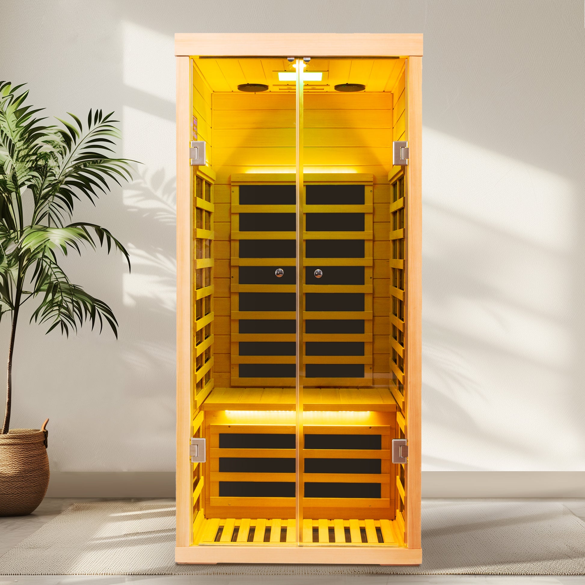Low EMF 1-Person Far Infrared Hemlock Sauna with Double Glass Doors
