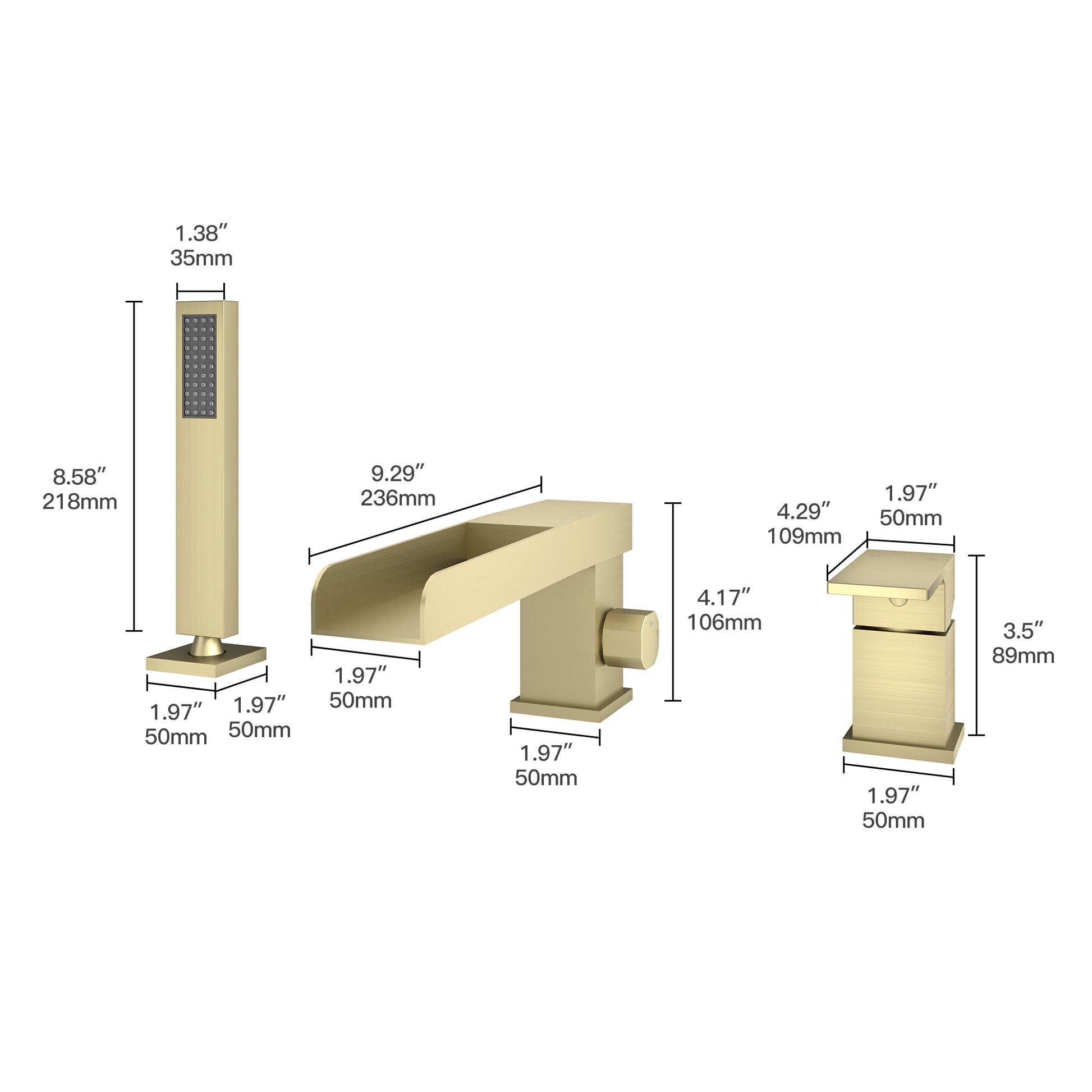 Single-Handle 3 Holes Waterfall Bathtub Filler Faucet with Hand Shower
