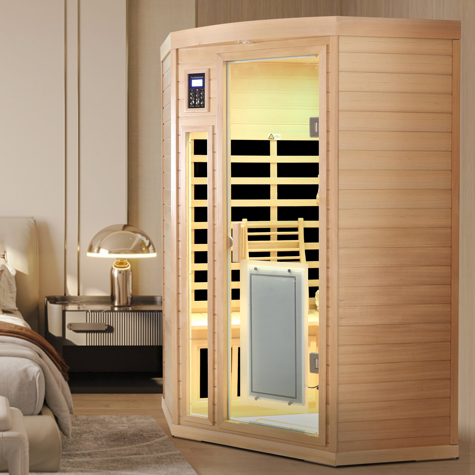 2-Person Hemlock Corner Infrared Sauna with Low EMF & Bluetooth Audio