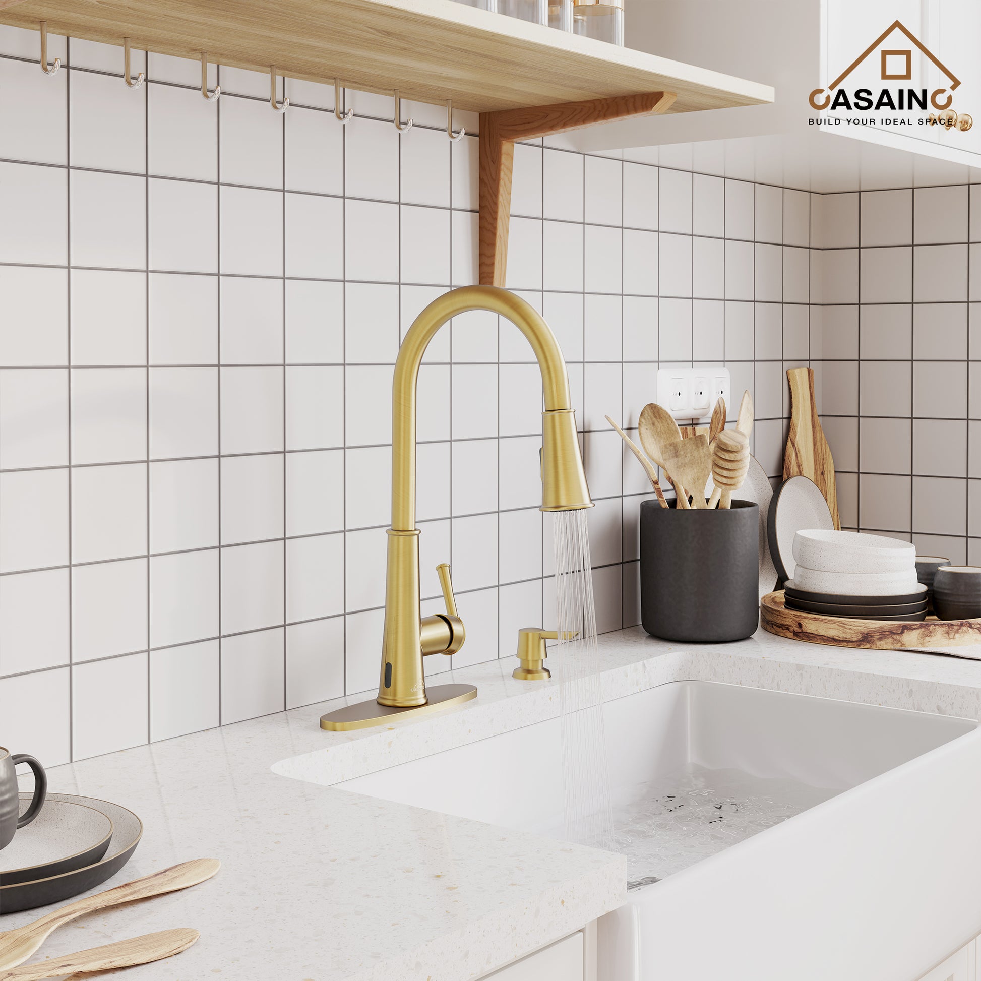 CASAINC 1.8gpm Infrared Induction Touchless Pull Down Single Handle Kitchen Faucet With LED Function, Soap Dispenser Included