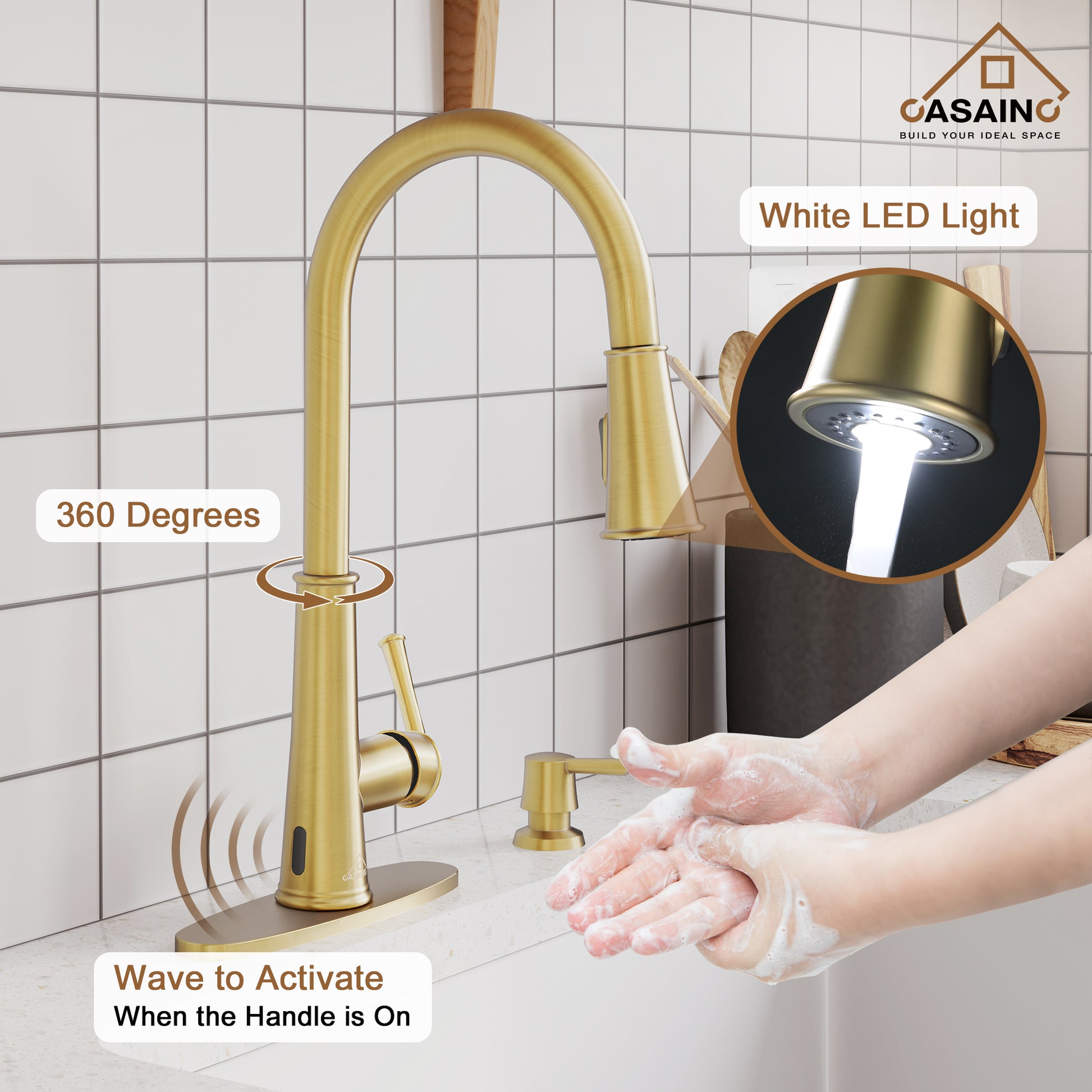CASAINC 1.8gpm Infrared Induction Touchless Pull Down Single Handle Kitchen Faucet With LED Function, Soap Dispenser Included