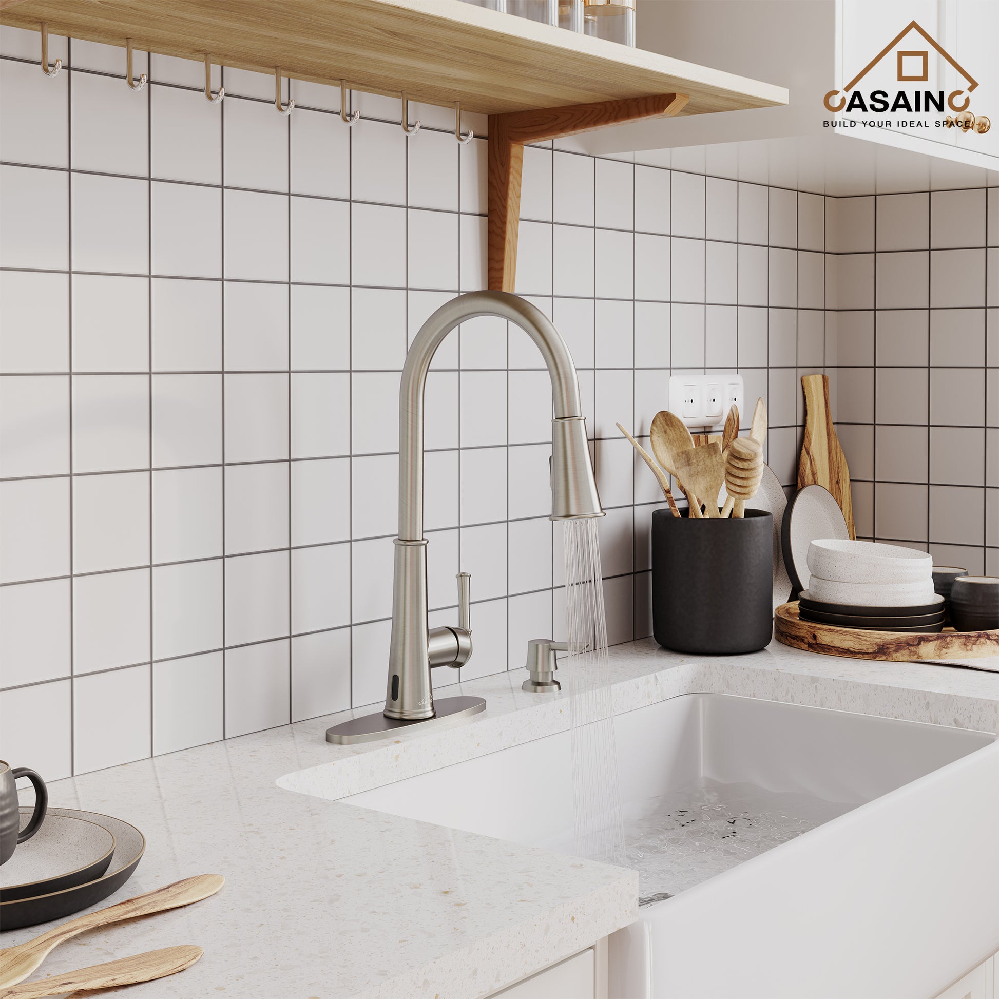 CASAINC 1.8gpm Infrared Induction Touchless Pull Down Single Handle Kitchen Faucet With LED Function, Soap Dispenser Included