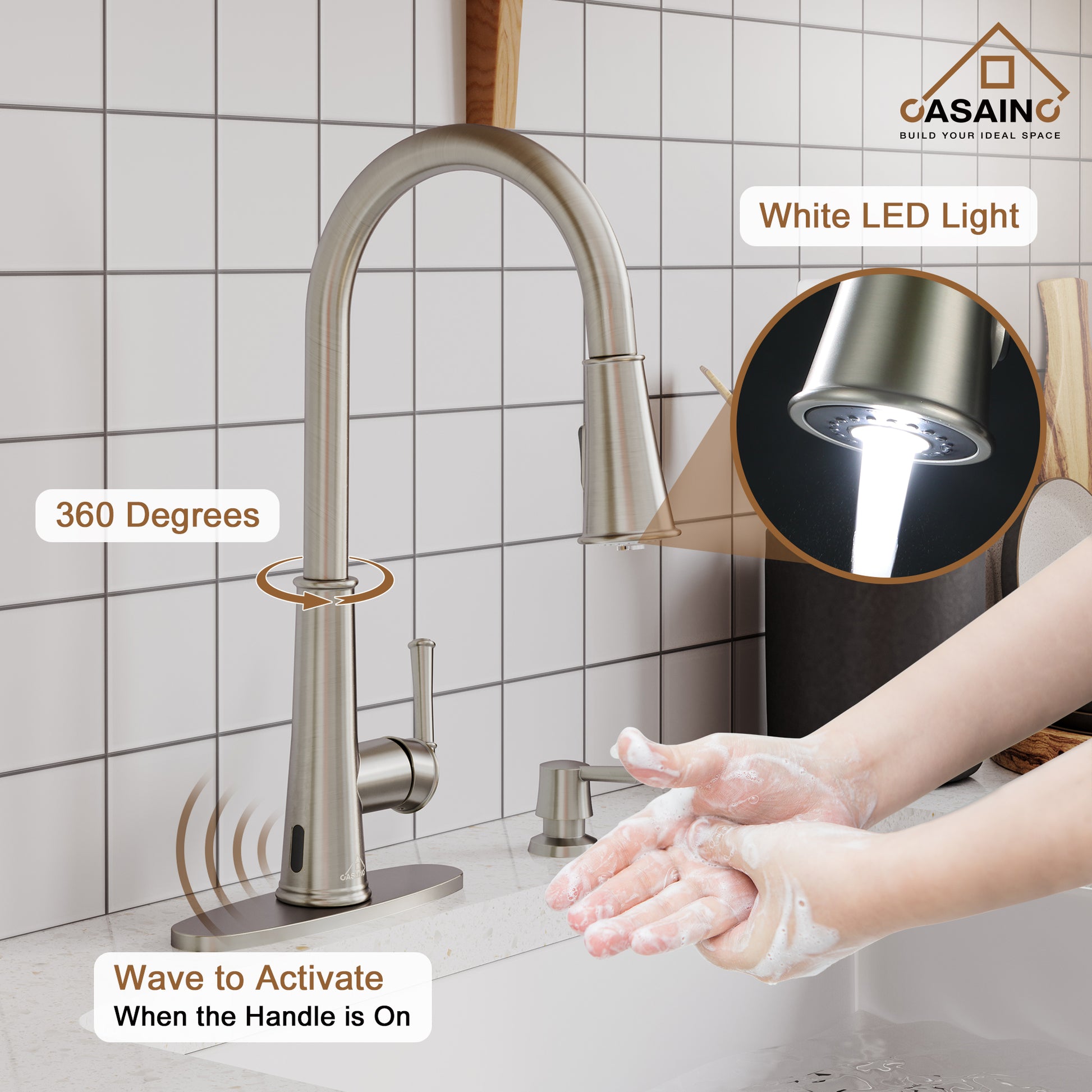 CASAINC 1.8gpm Infrared Induction Touchless Pull Down Single Handle Kitchen Faucet With LED Function, Soap Dispenser Included