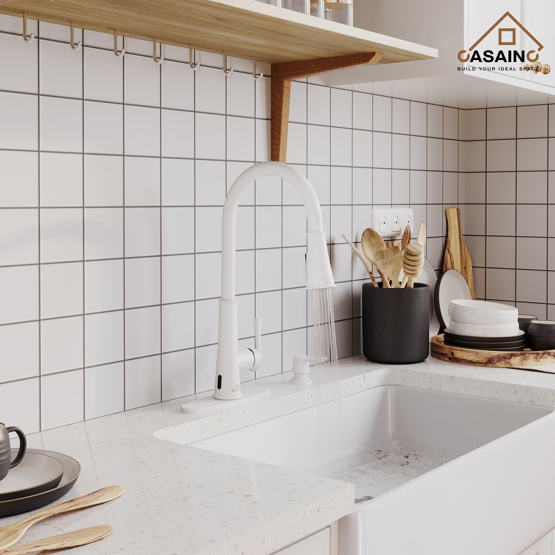 CASAINC 1.8gpm Infrared Induction Touchless Pull Down Single Handle Kitchen Faucet With LED Function, Soap Dispenser Included