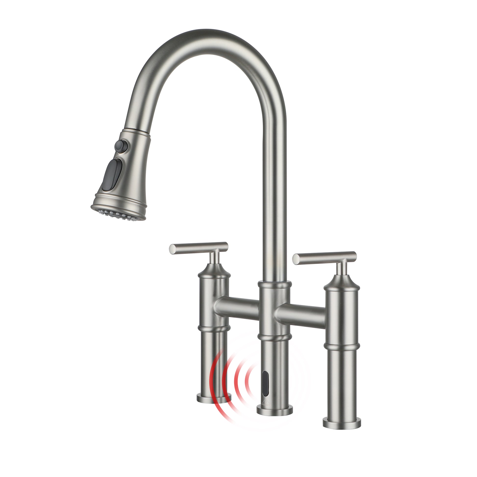 Double-Handle Kitchen Faucet with Pull-Out Sprayer Infrared Sensor for Kitchen Sink in Brushed Nickel/Matte Black/Brushed Gold  faucet holes three holes satin brass satin nickel style with best prices