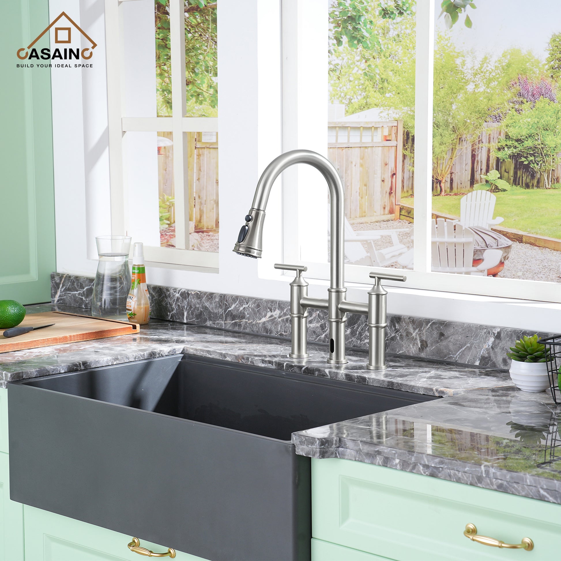 Double-Handle Kitchen Faucet with Pull-Out Sprayer Infrared Sensor in Brushed Nickel/Matte Black/Brushed Gold