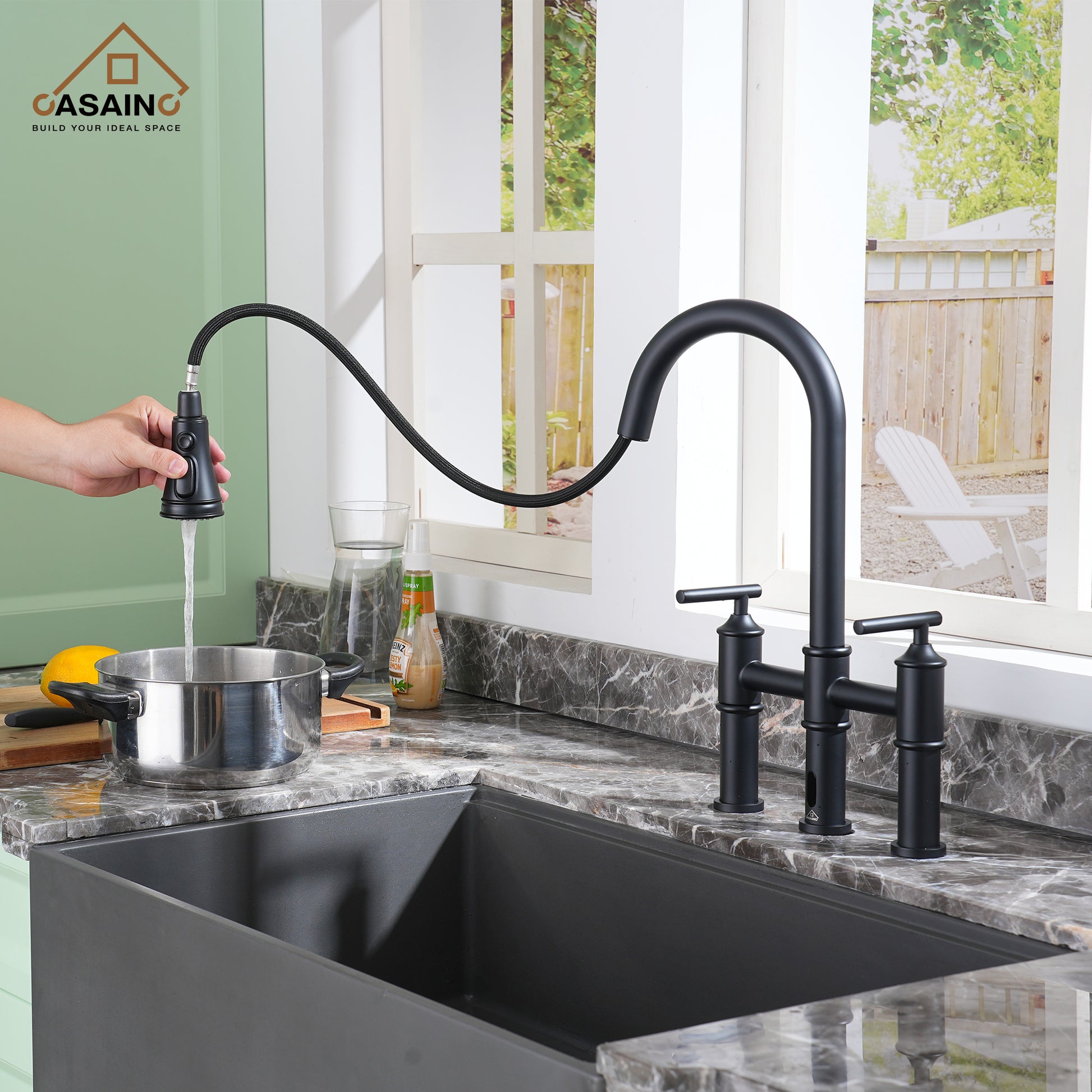 Double-Handle Kitchen Faucet with Pull-Out Sprayer Infrared Sensor in Brushed Nickel/Matte Black/Brushed Gold