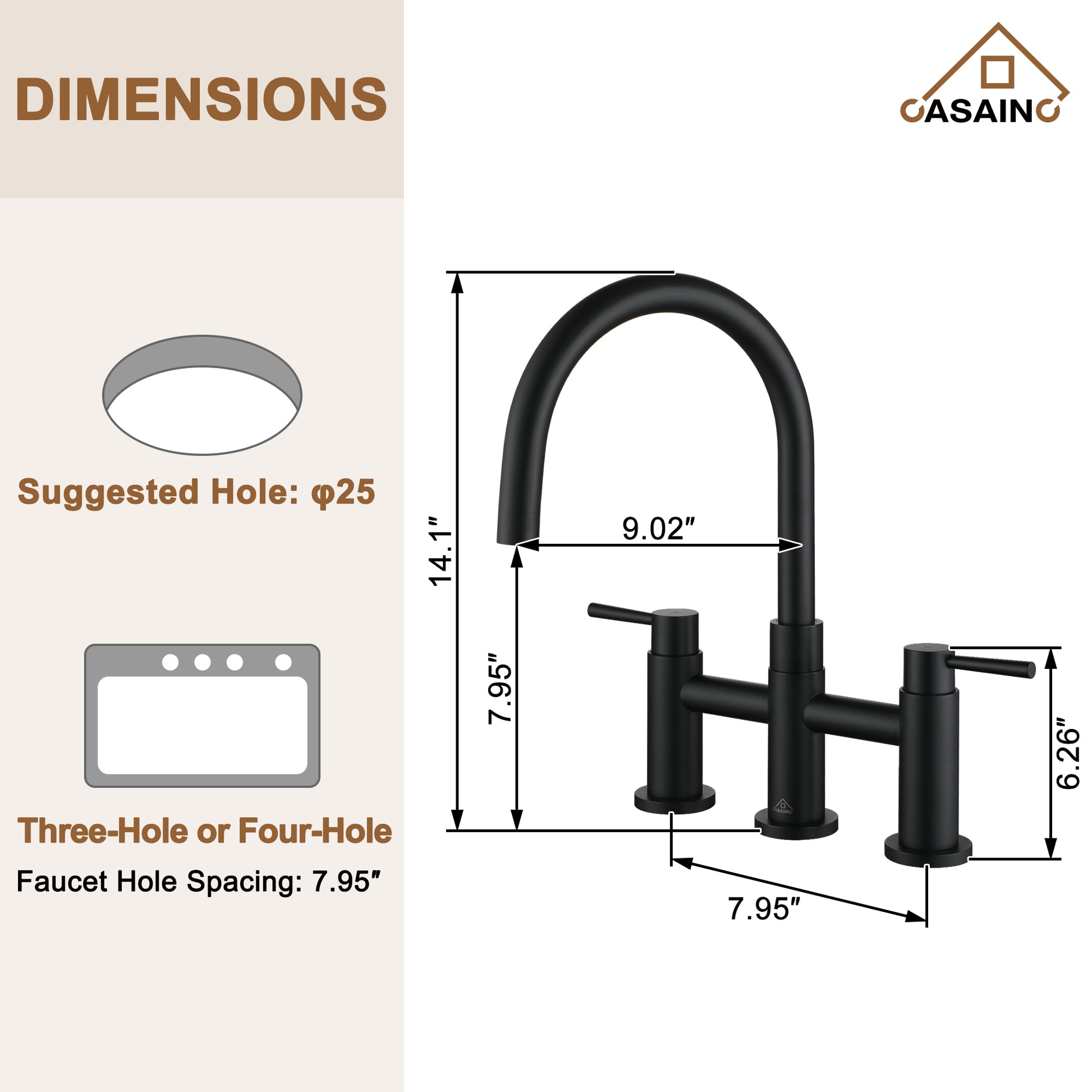 3 Hole Kitchen Faucet with Pull Down Sprayer and Faucet Side Sprayer Matte Black Brushed Gold Brushed Nickel
