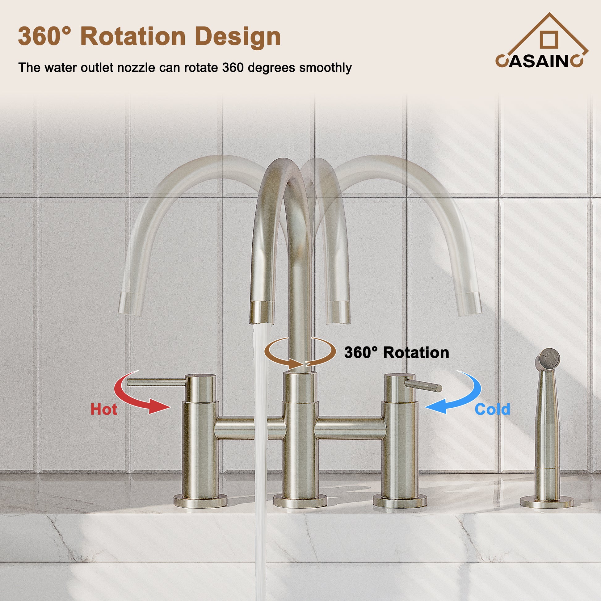 3 Hole Kitchen Faucet with Pull Down Sprayer and Faucet Side Sprayer Matte Black Brushed Gold Brushed Nickel